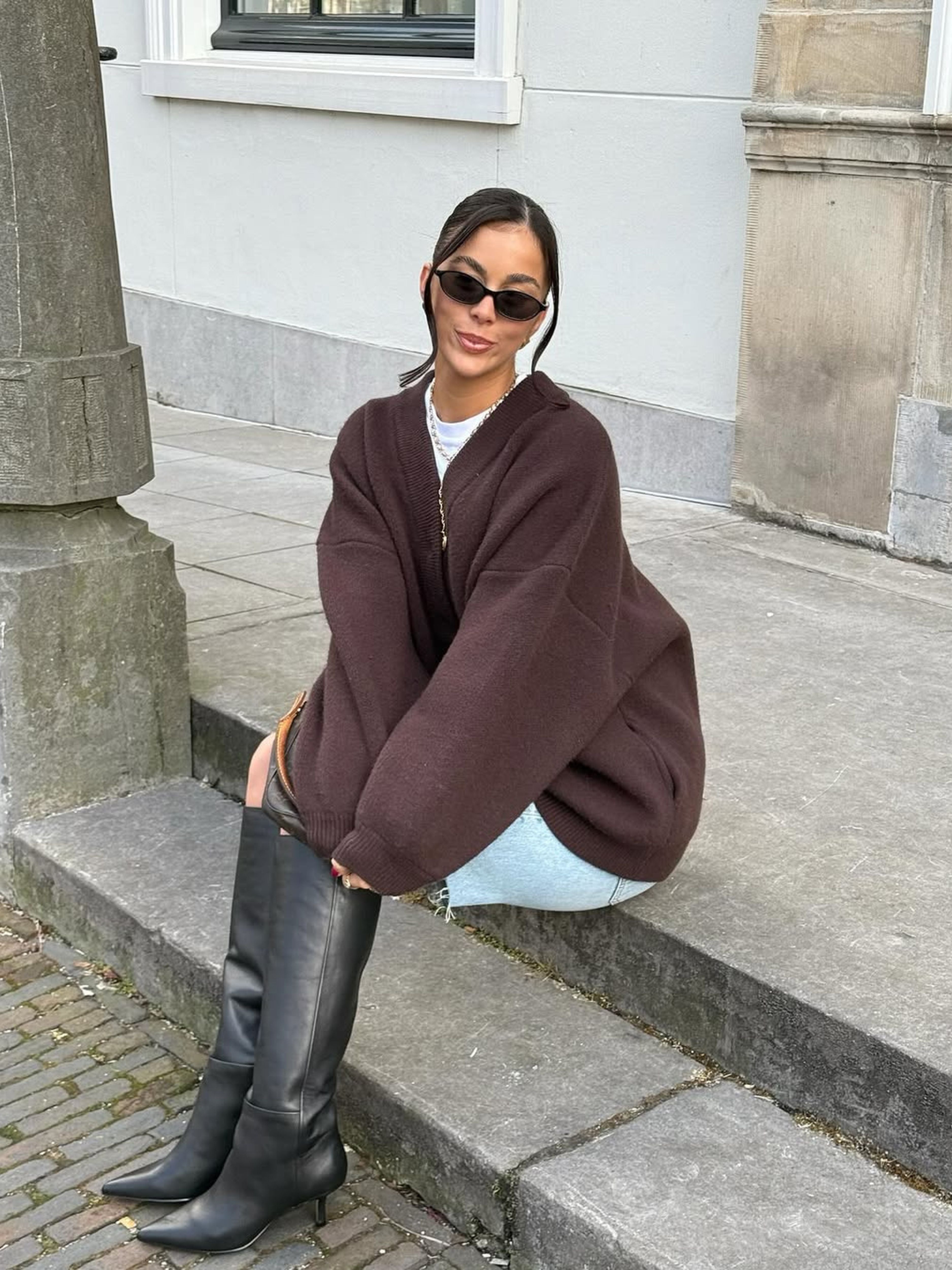 Oversized Press Button Cardigan Brown