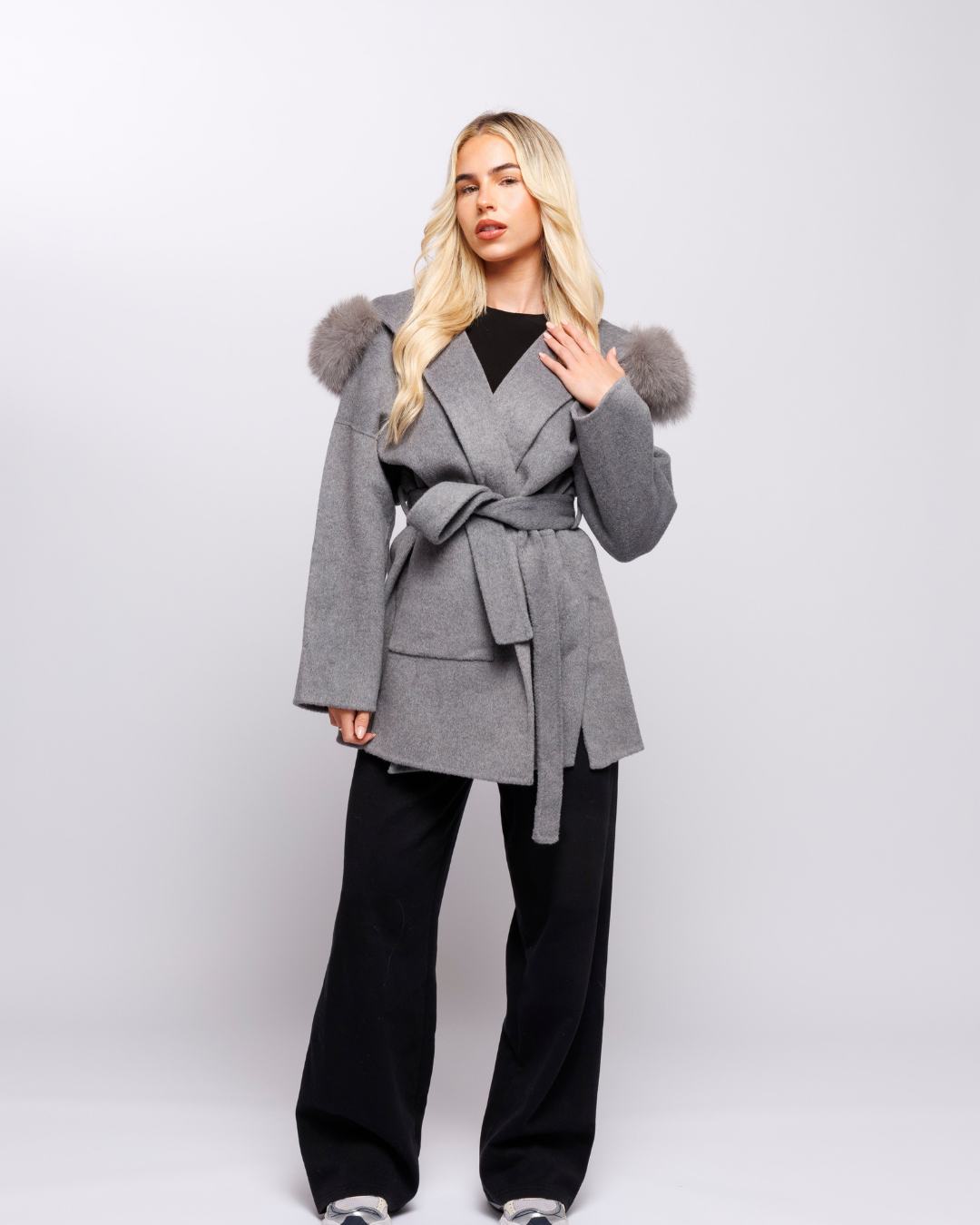 Velvet Hooded Coat - Gray