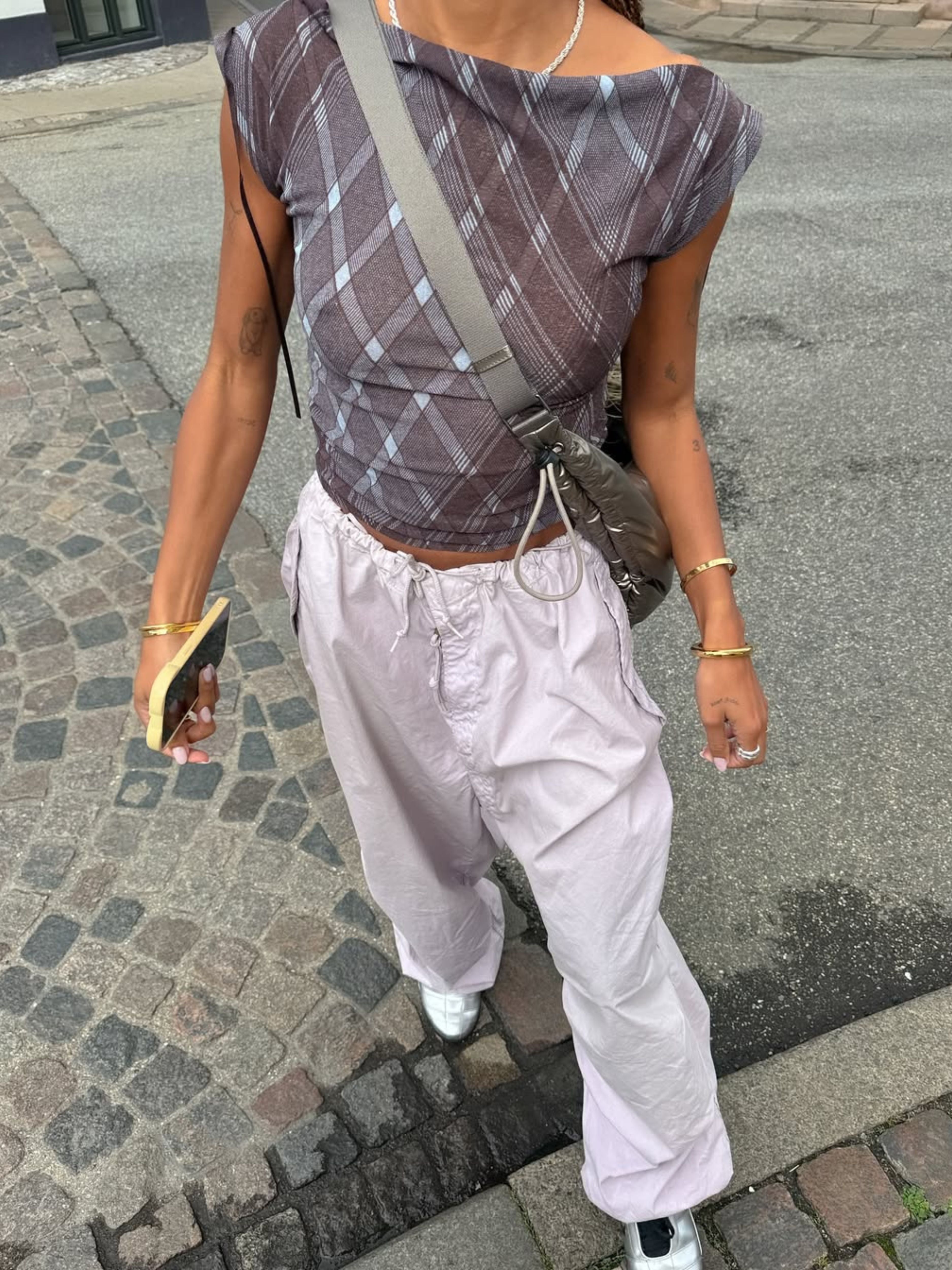 Draped Over Shoulder Checked Top Burgundy