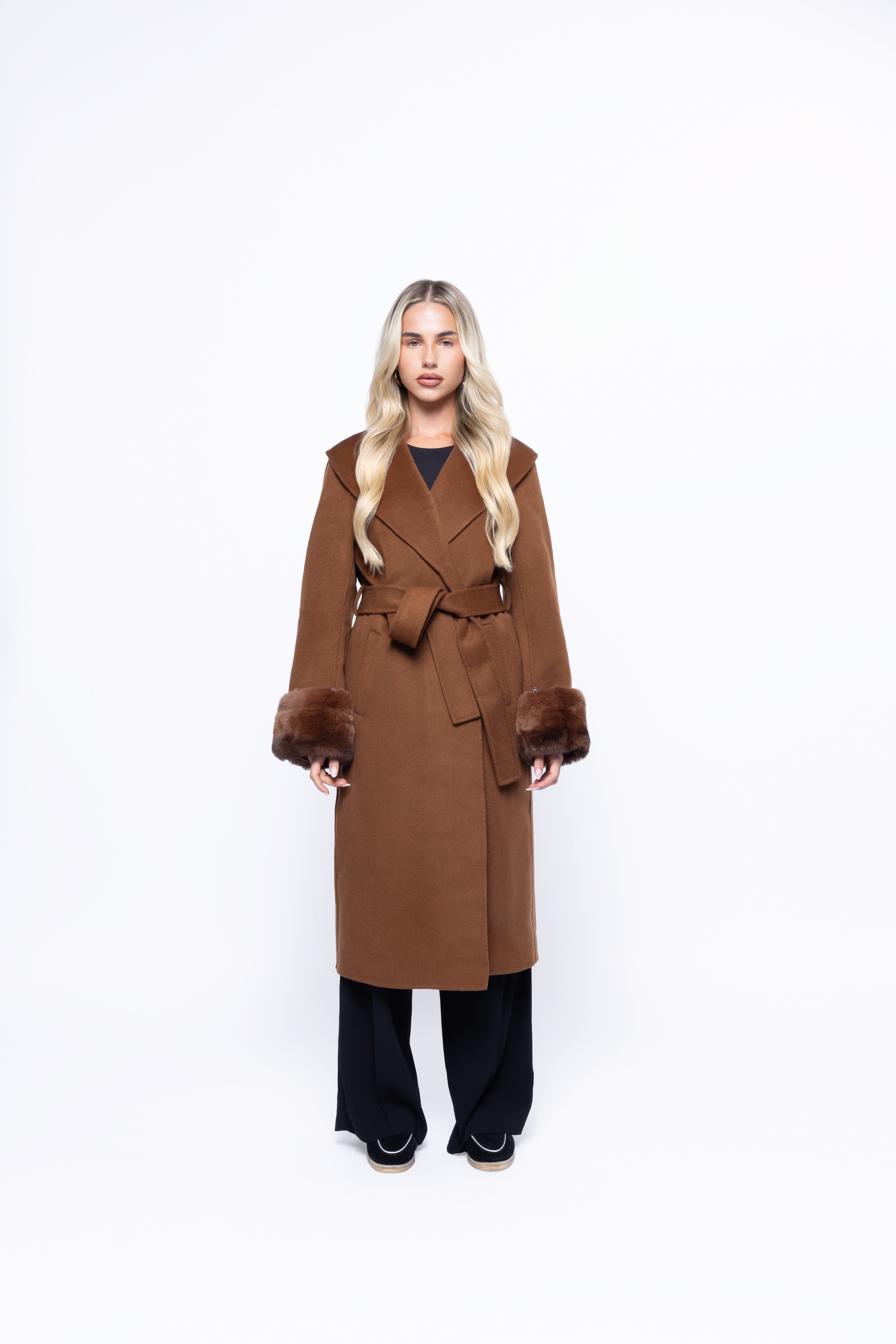 Aurelia Wool Coat with Fur Cuffs – Brown