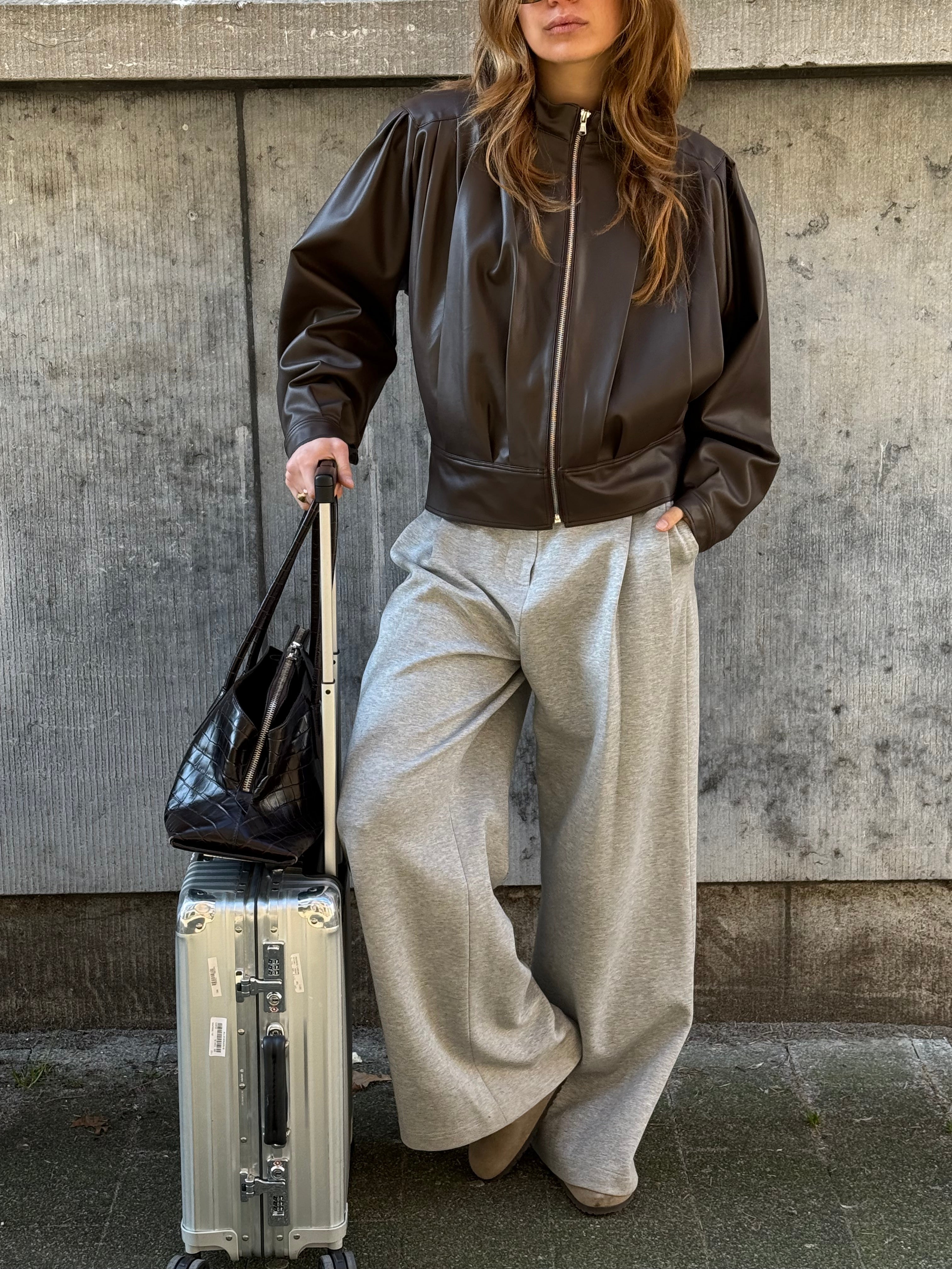 Front Pleated Faux Leather Jacket Brown