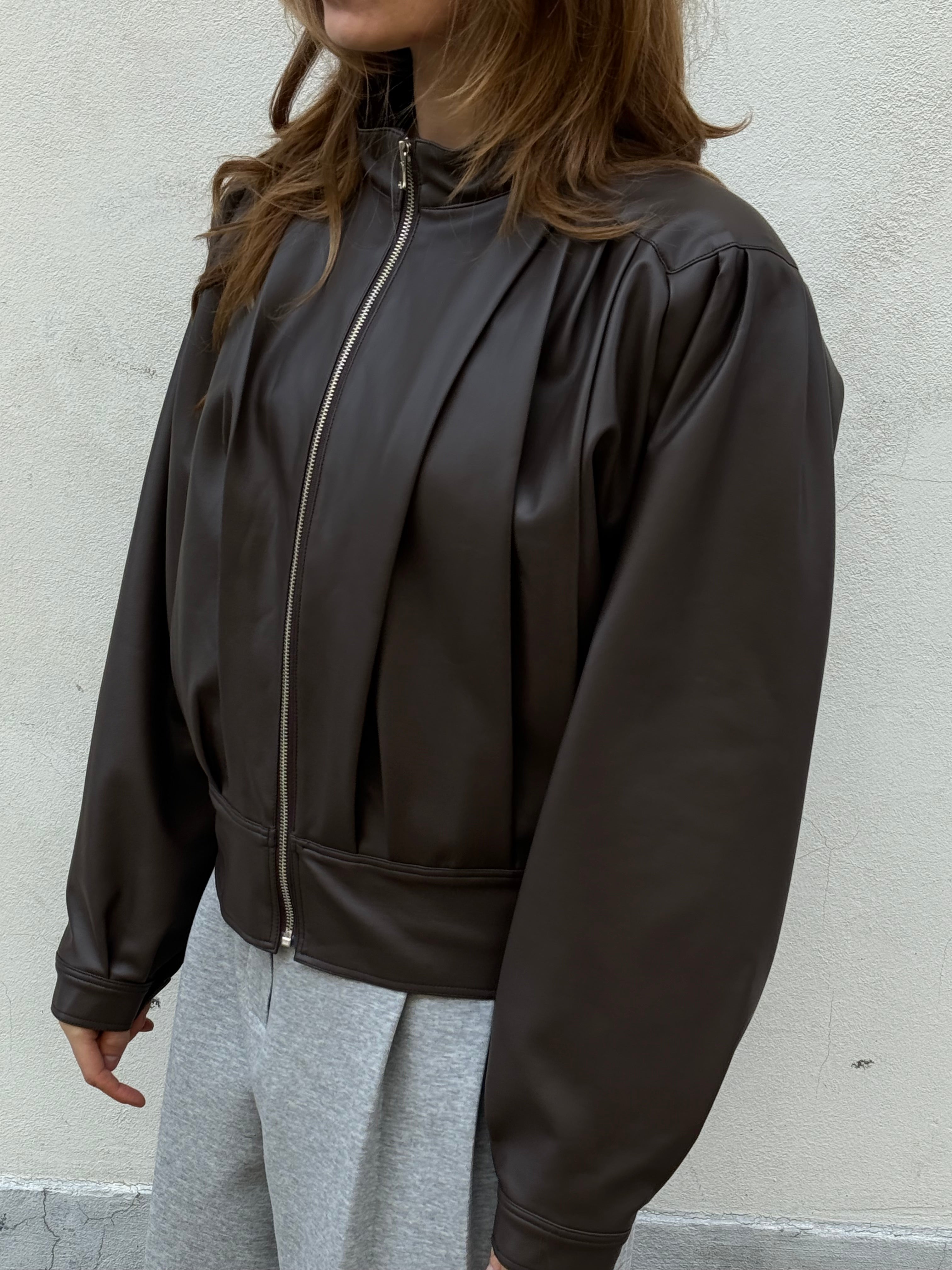 Front Pleated Faux Leather Jacket Brown