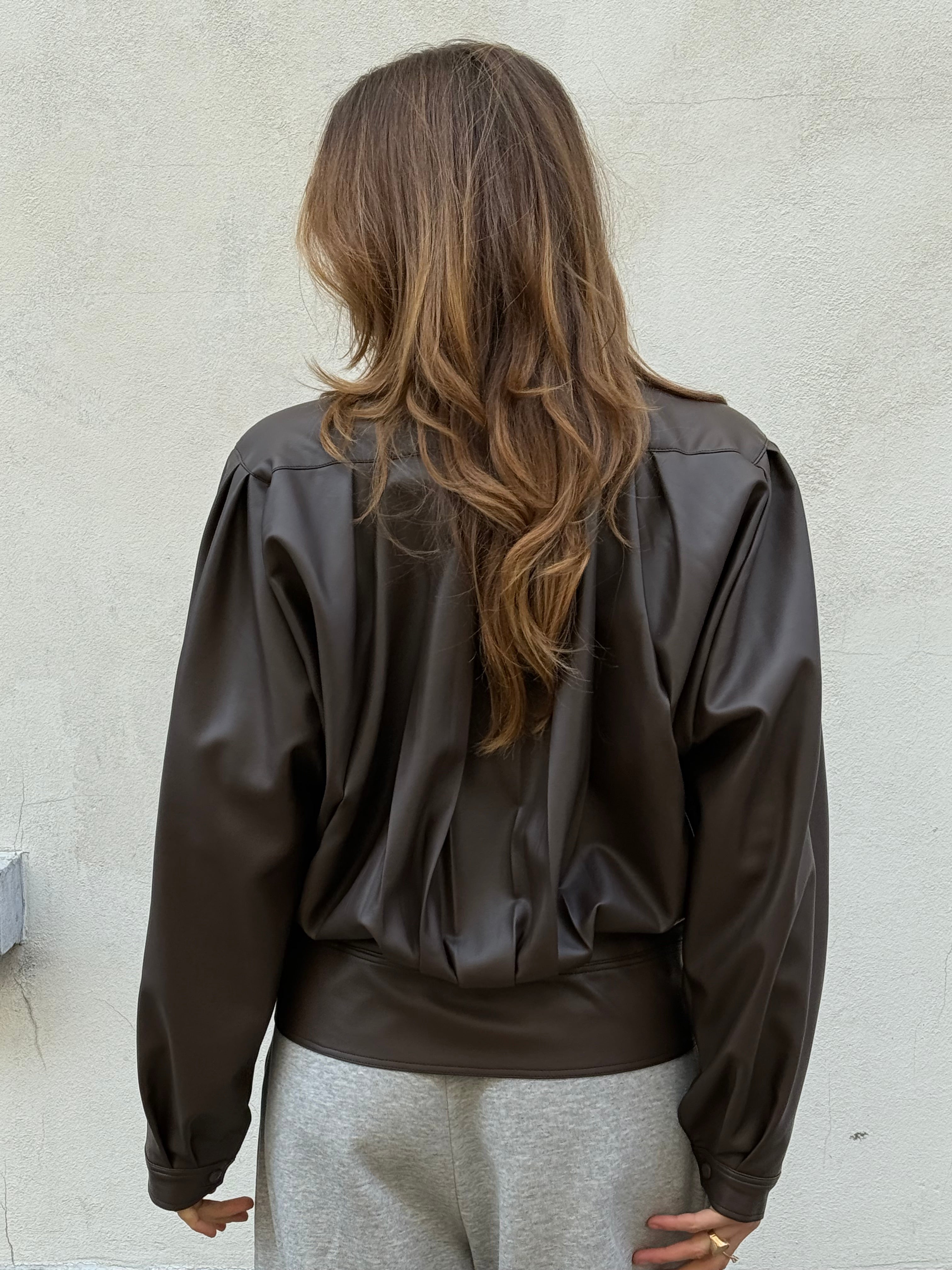 Front Pleated Faux Leather Jacket Brown