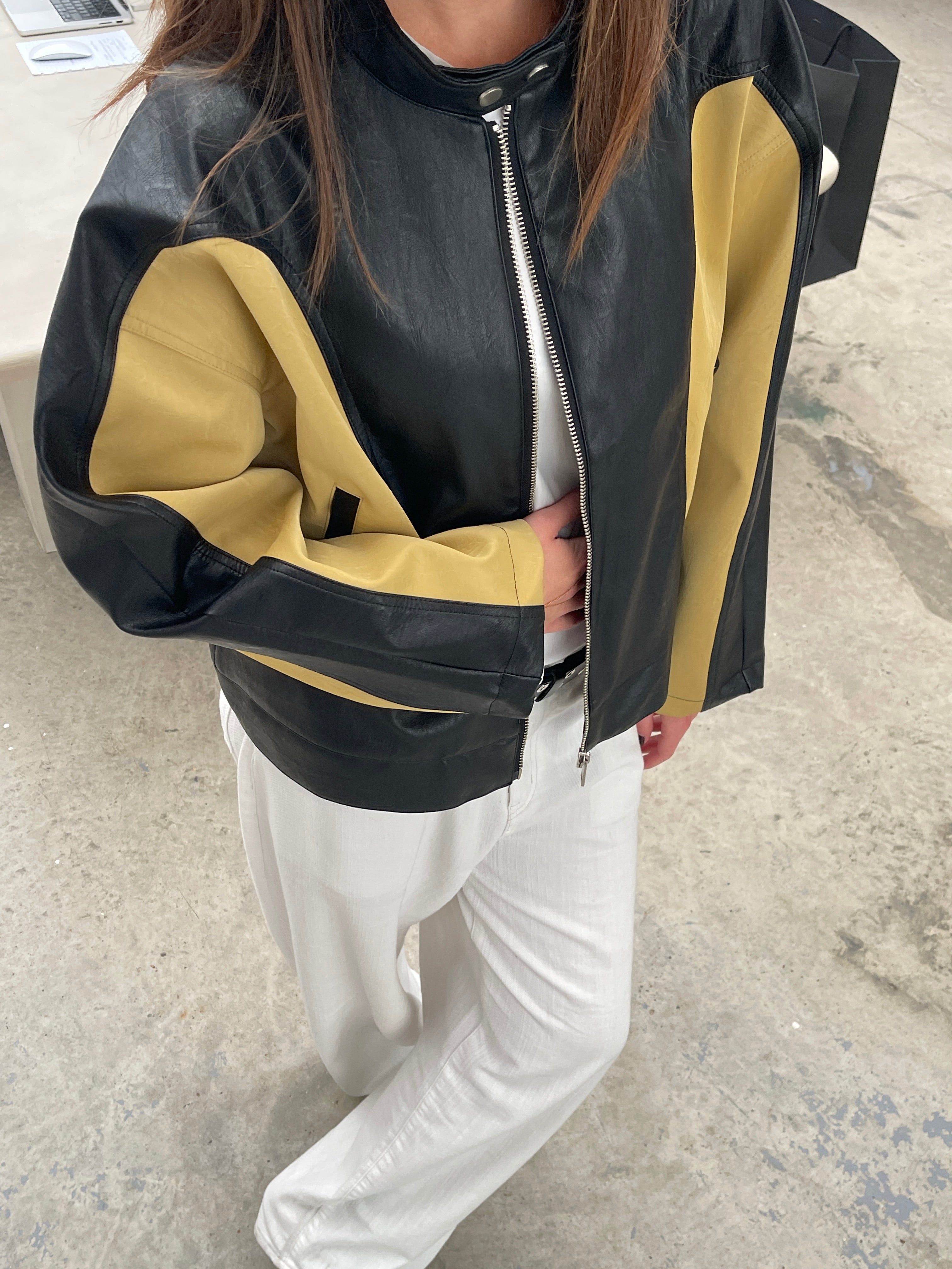 Bicolour Round Collar Jacket Camel