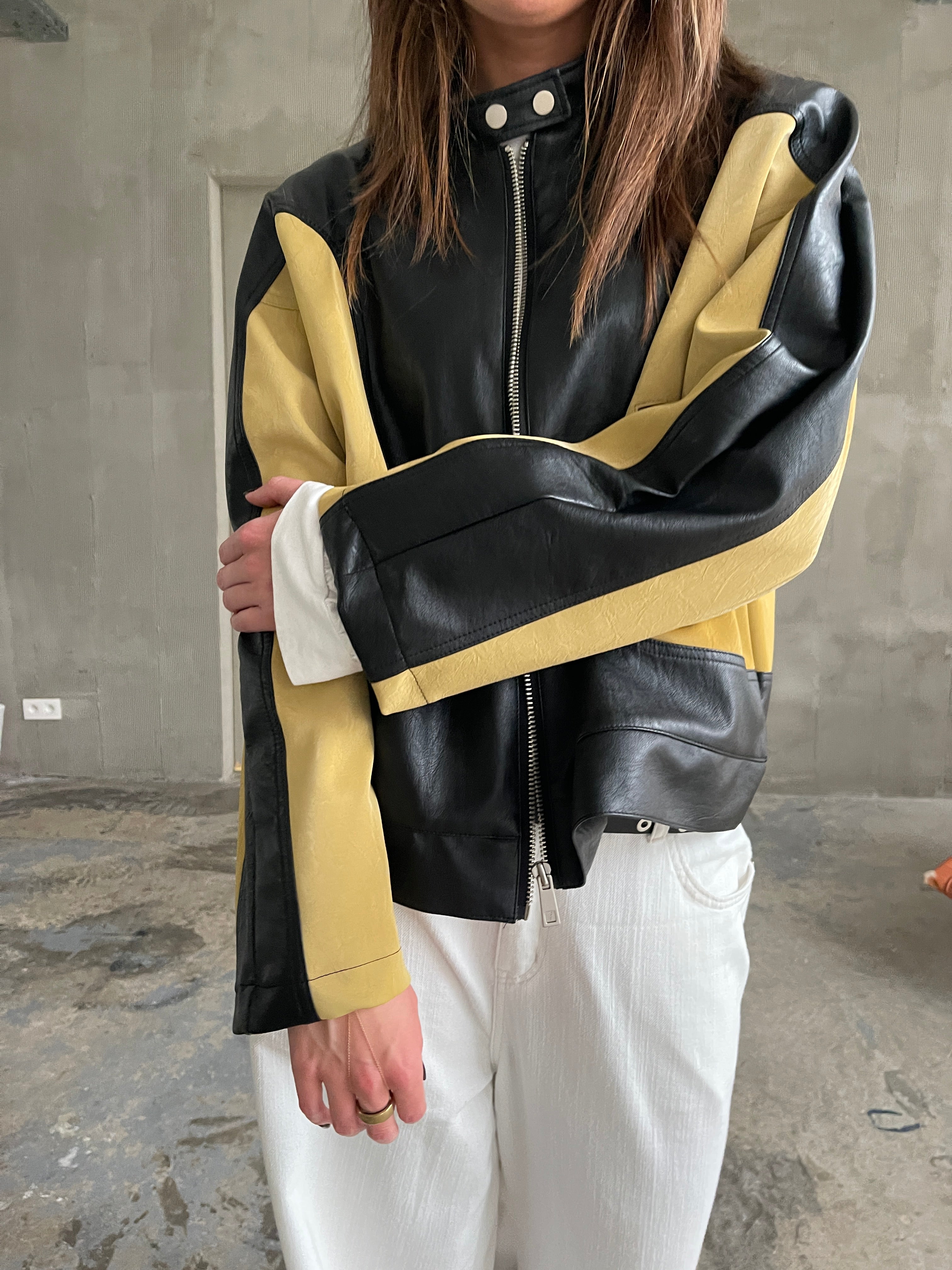 Bicolour Round Collar Jacket Camel