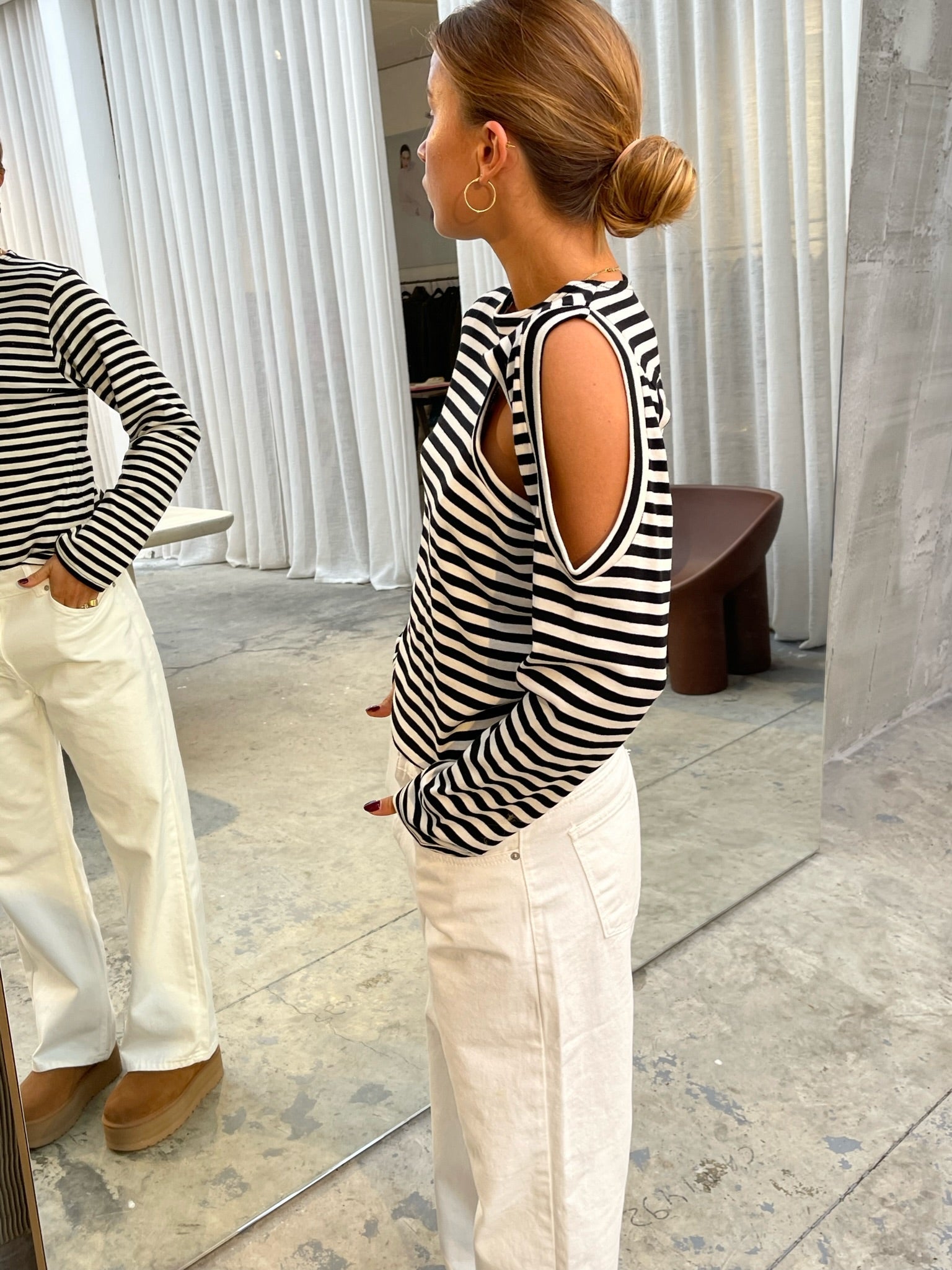 Cut Out Striped Long Sleeve Tee