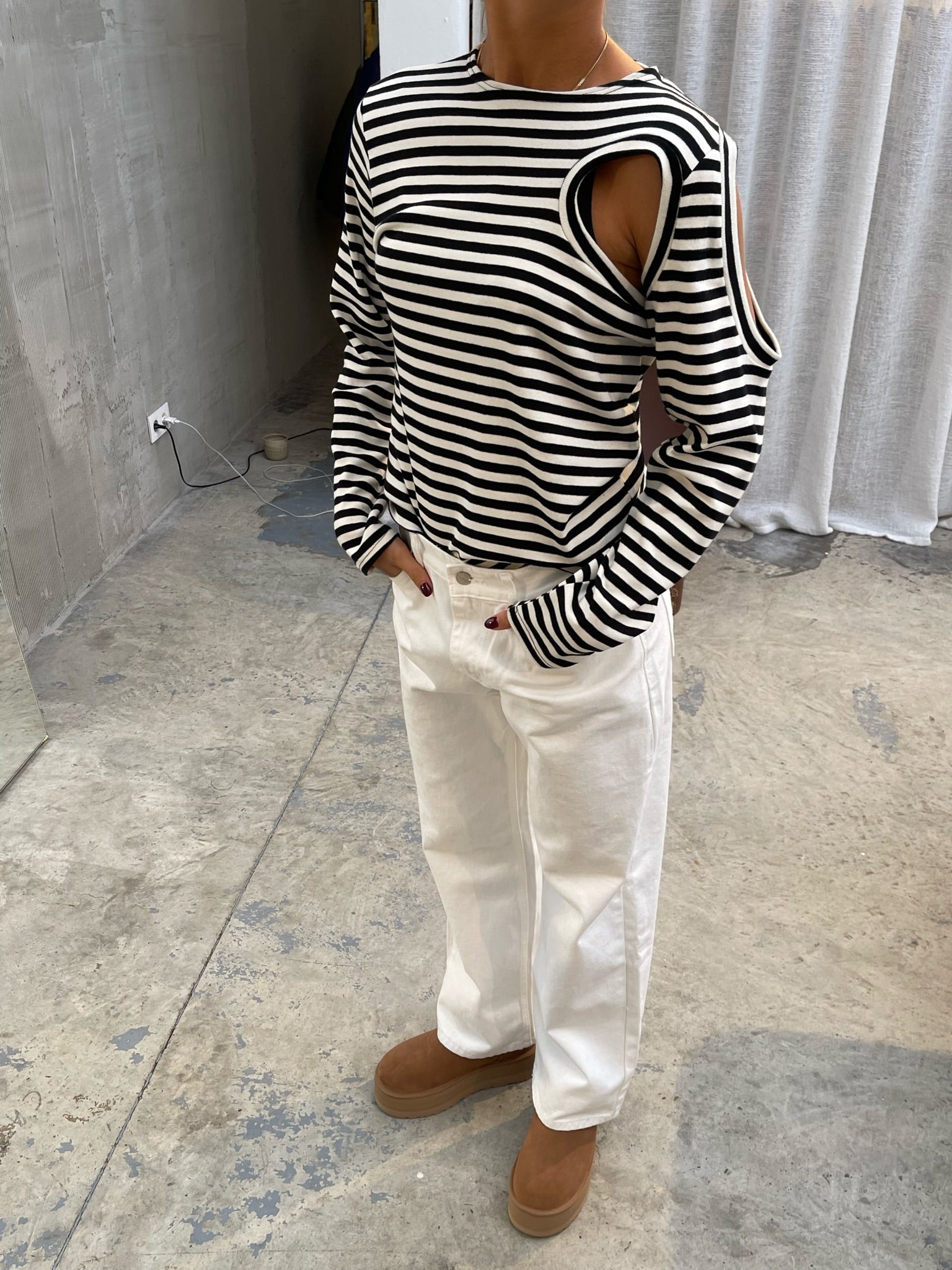 Cut Out Striped Long Sleeve Tee