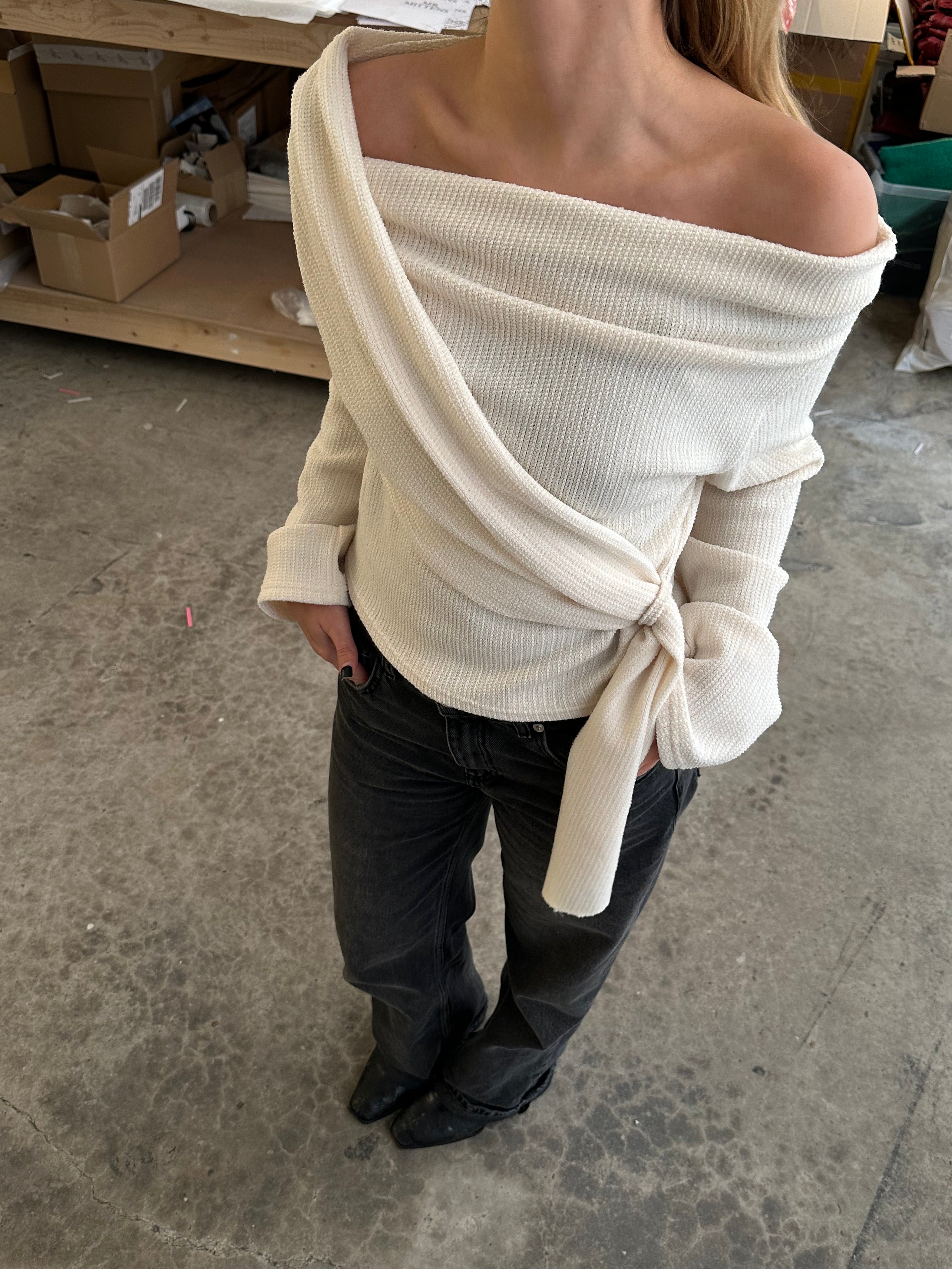 Draped Belted Top Ivory