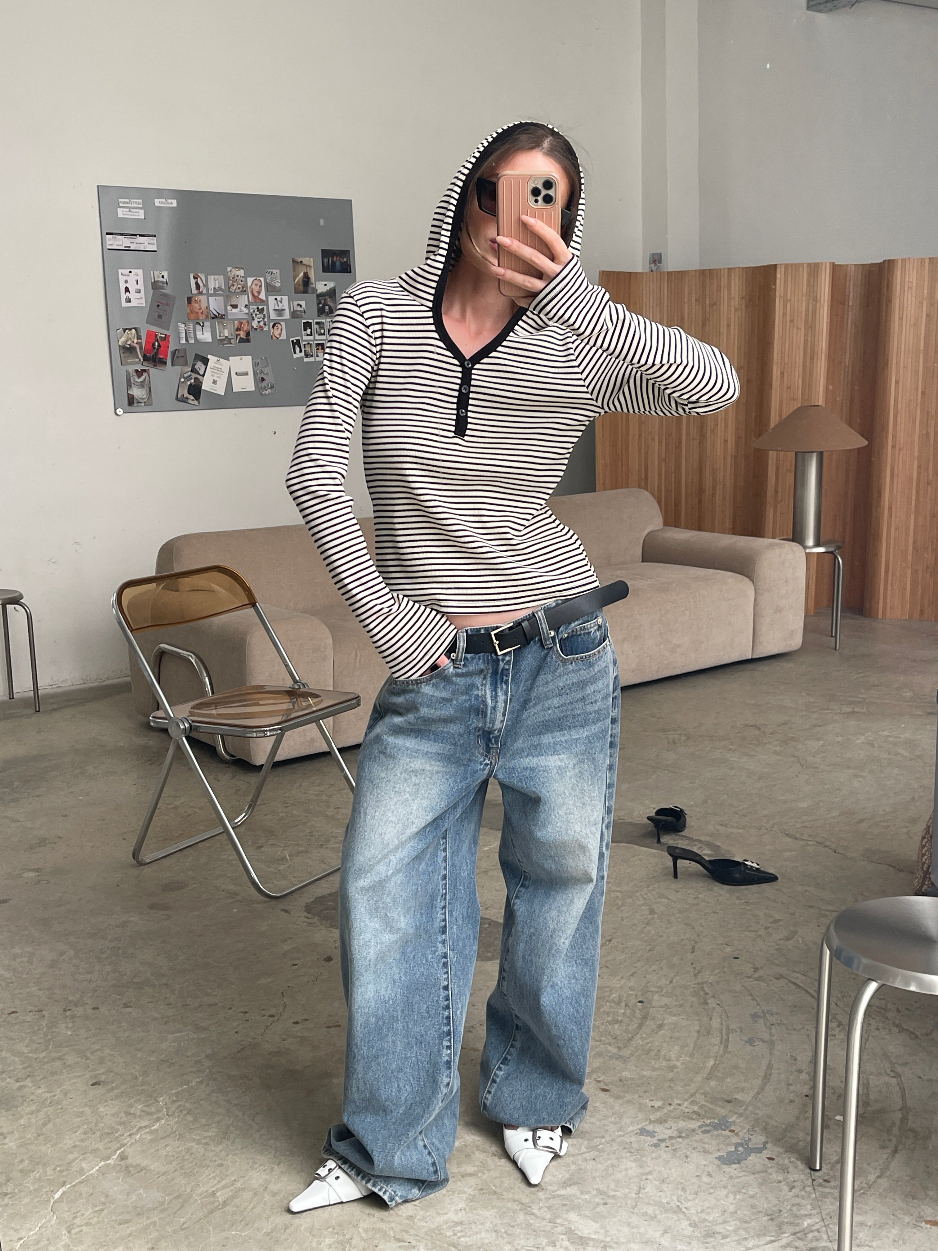 Ribbed Striped Hooded Top