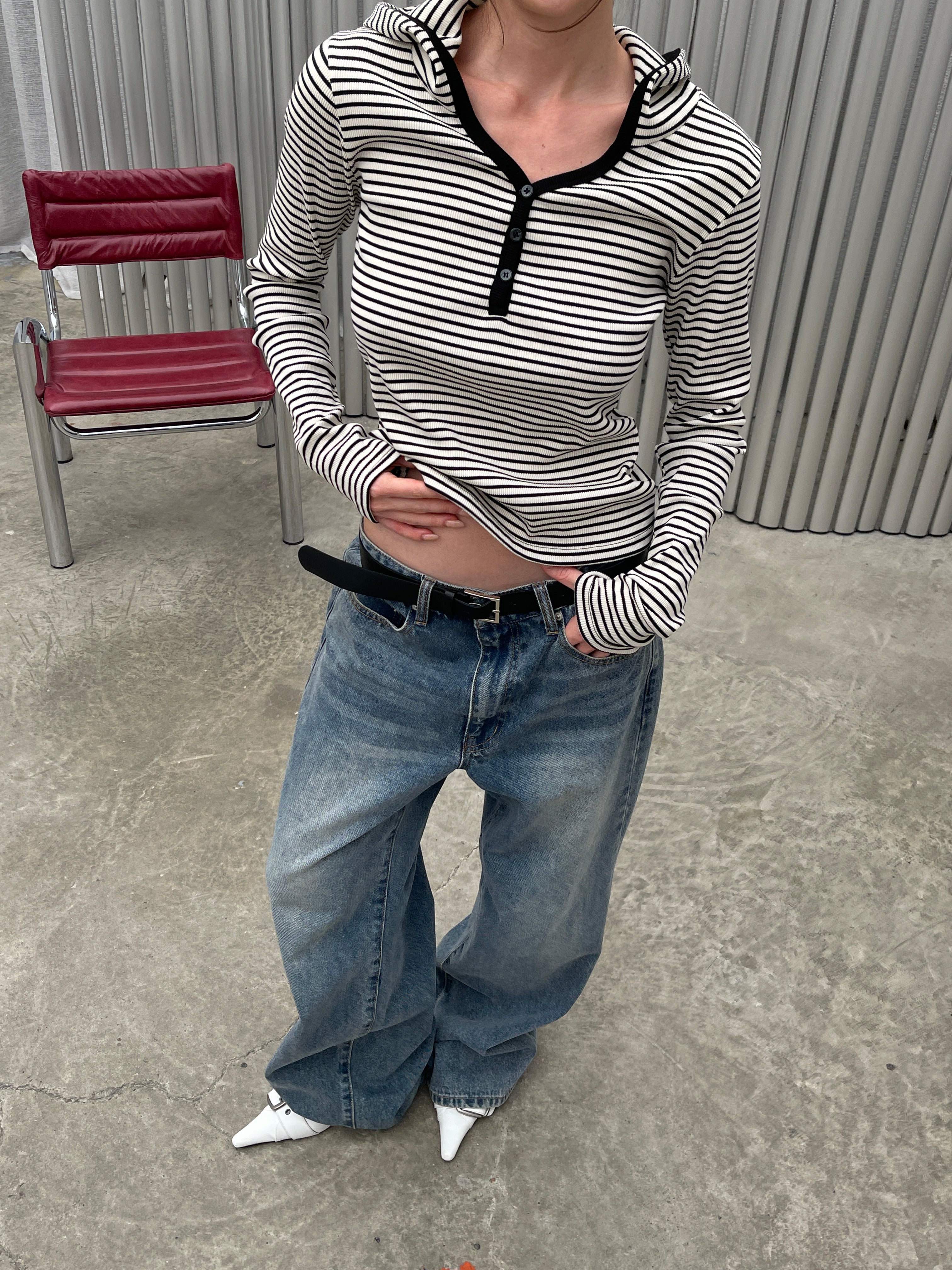 Ribbed Striped Hooded Top
