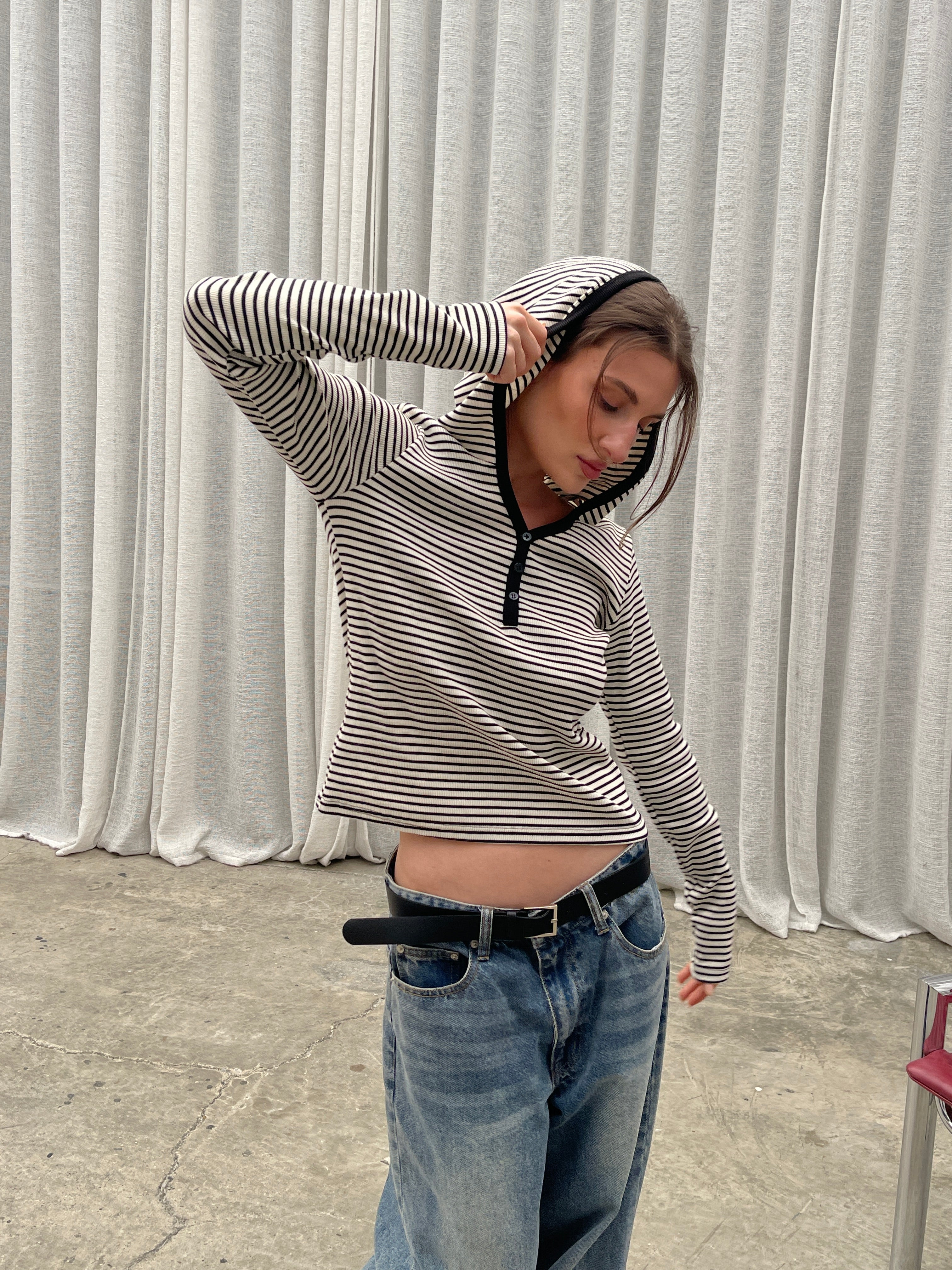 Ribbed Striped Hooded Top