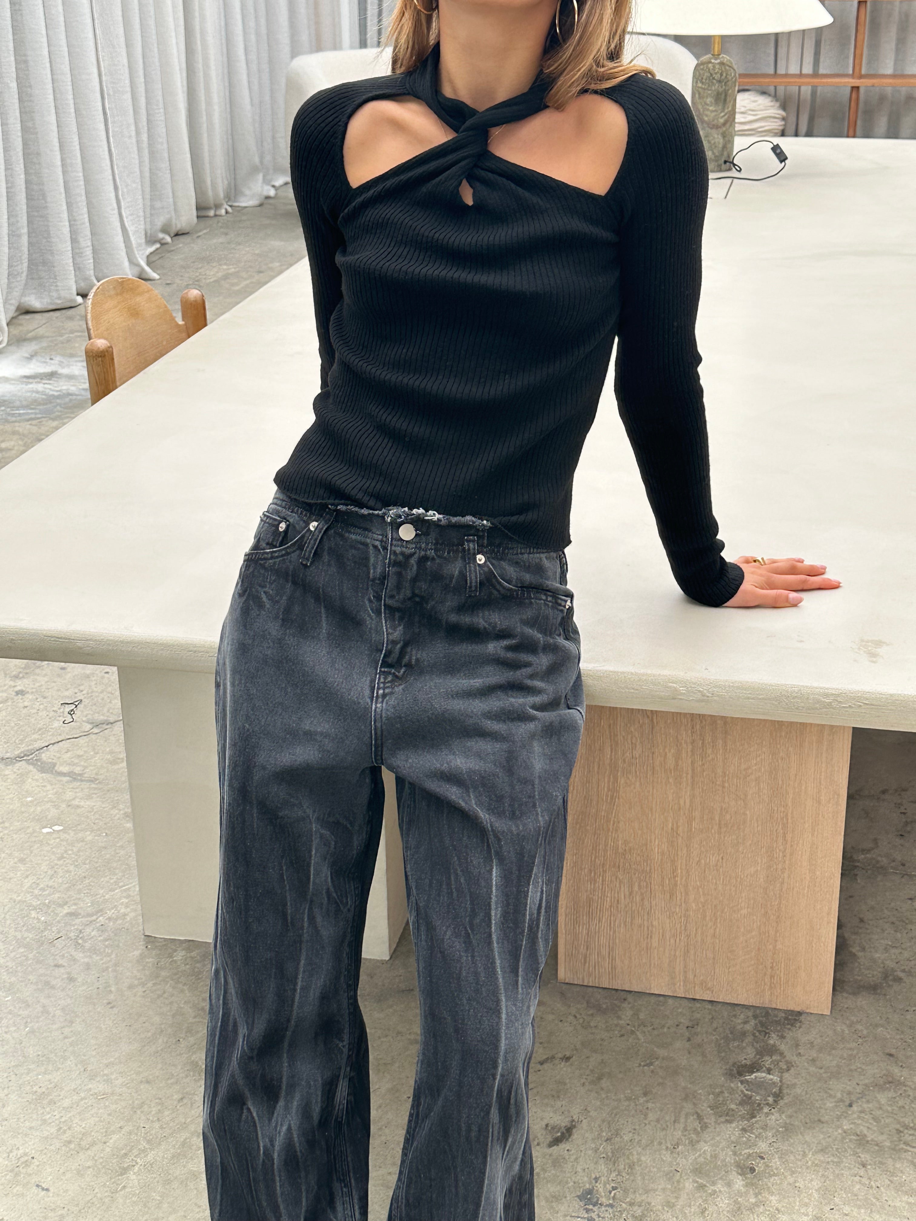 Cut Out Halter Neck Top Black