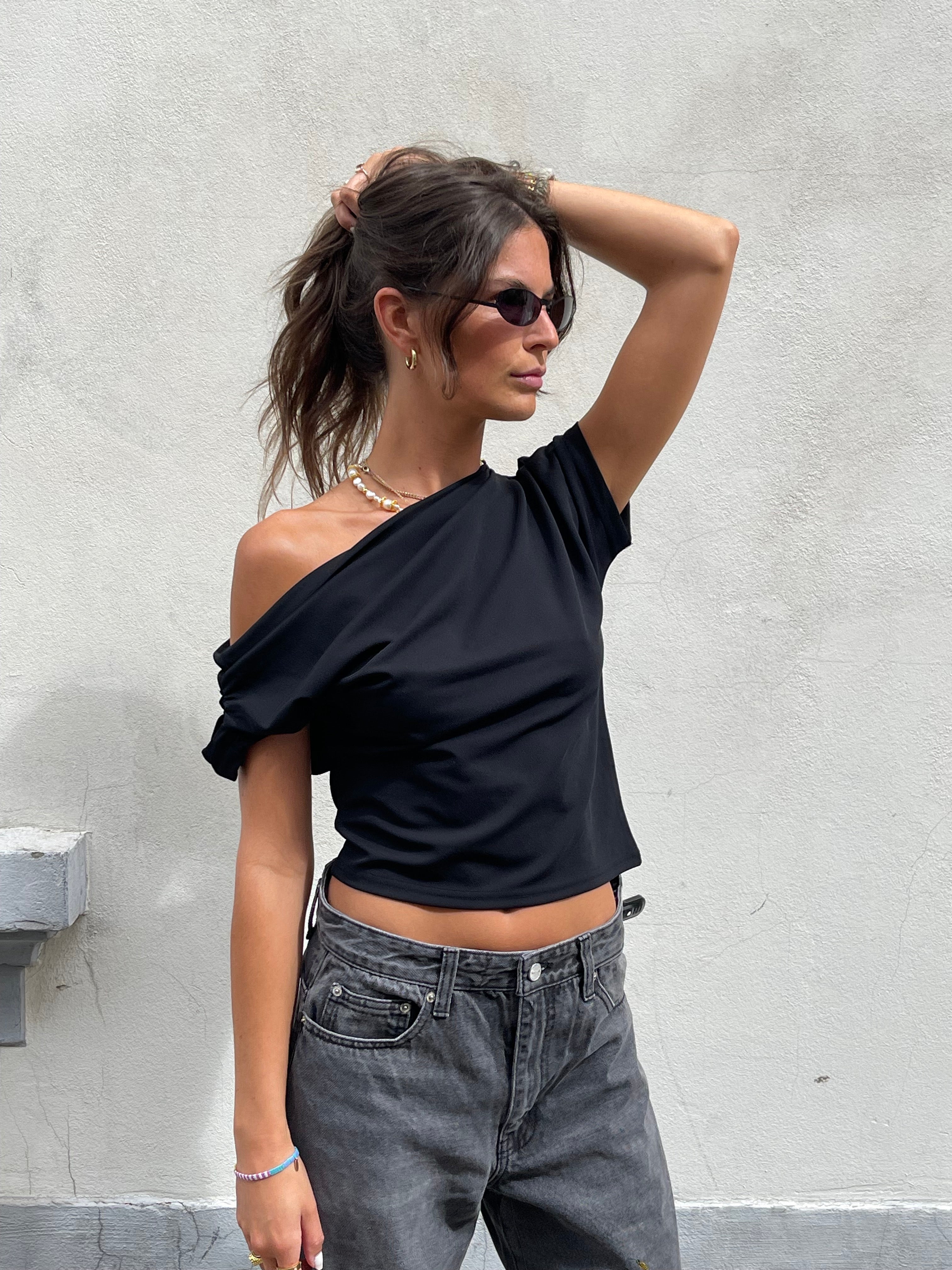 Draped Over Shoulder Top Black