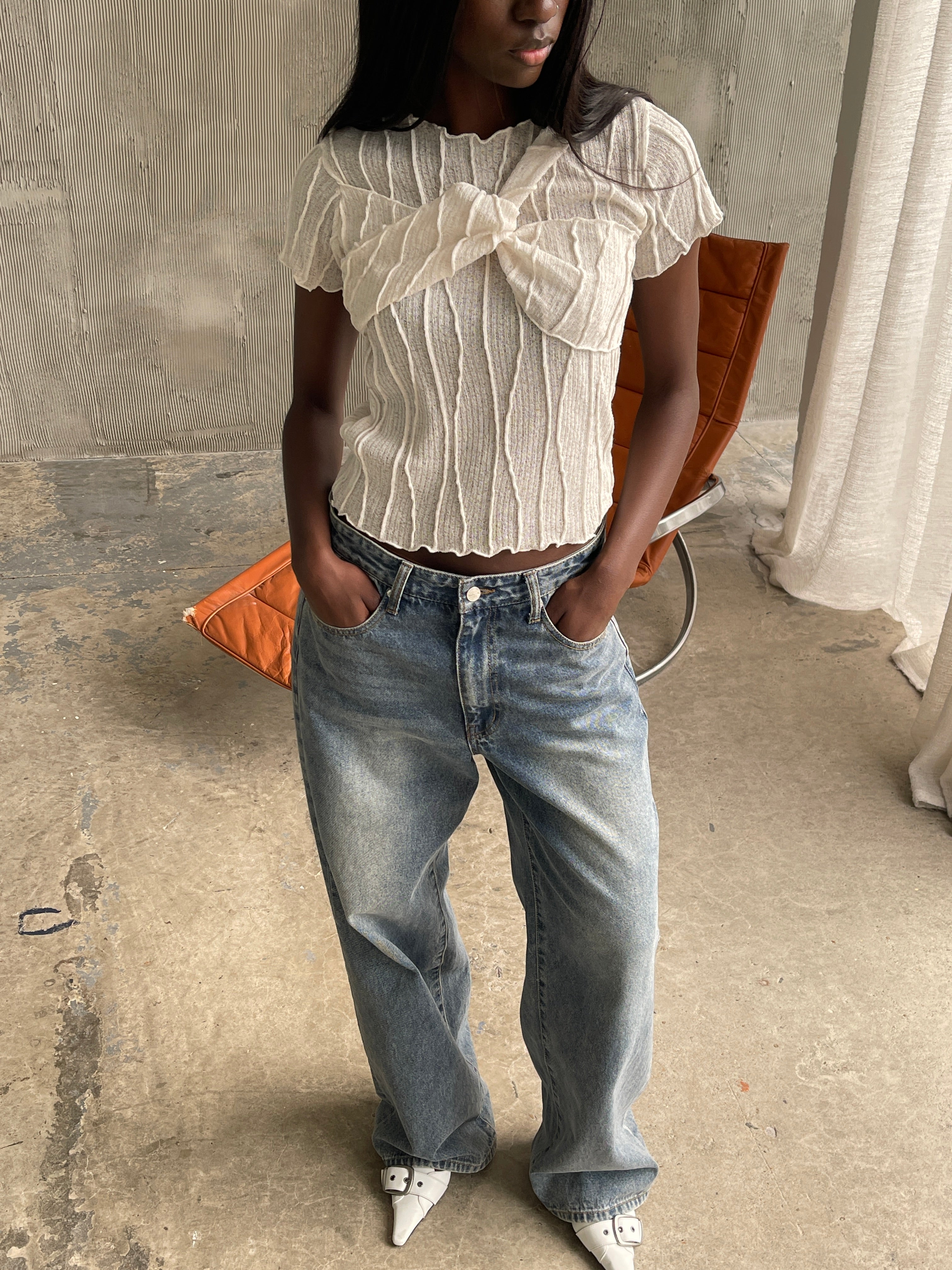 Front Twist Detail Structured Lines Top Ivory