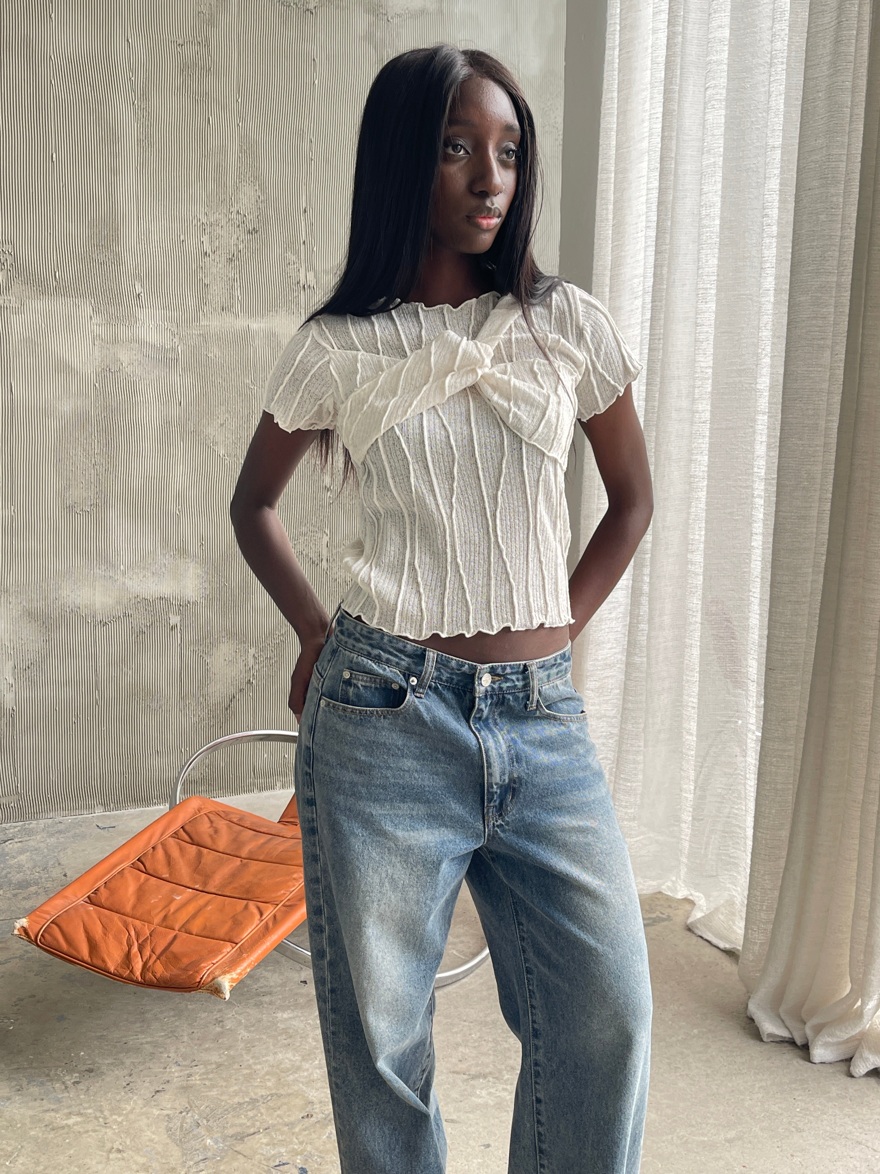 Front Twist Detail Structured Lines Top Ivory