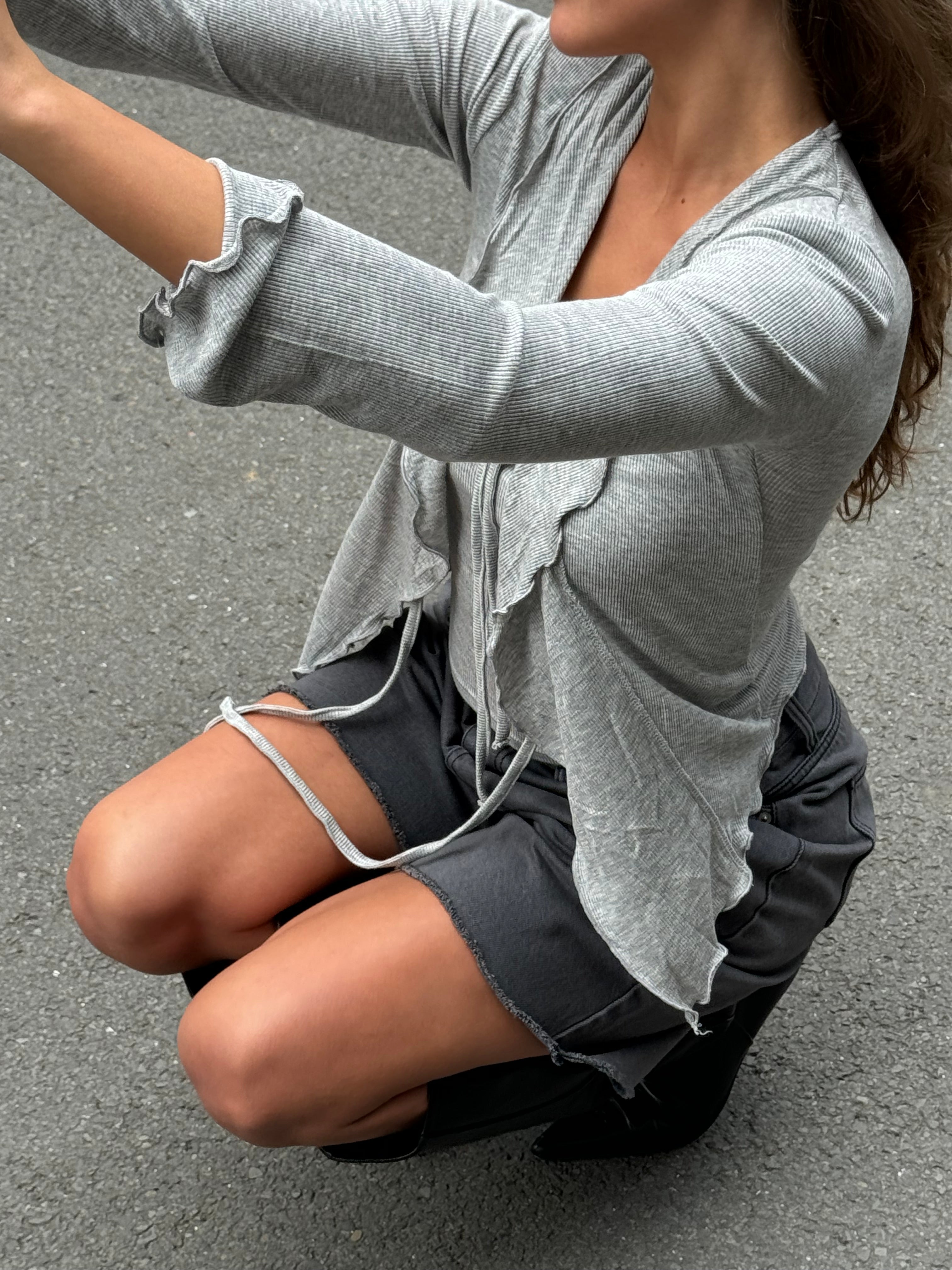 Layered Ruffled Ribbon Cardigan Top Grey