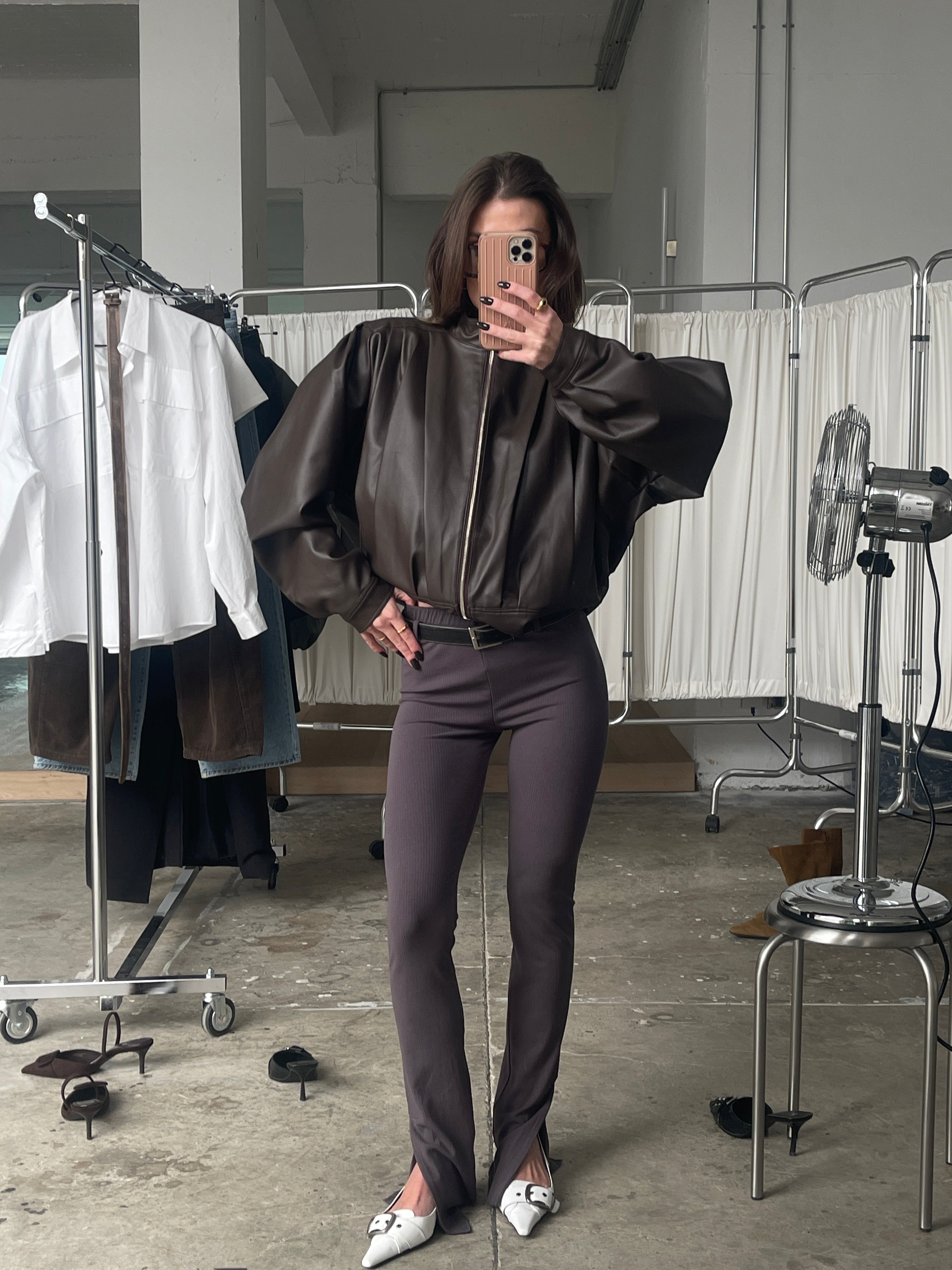 Front Pleated Faux Leather Jacket Brown