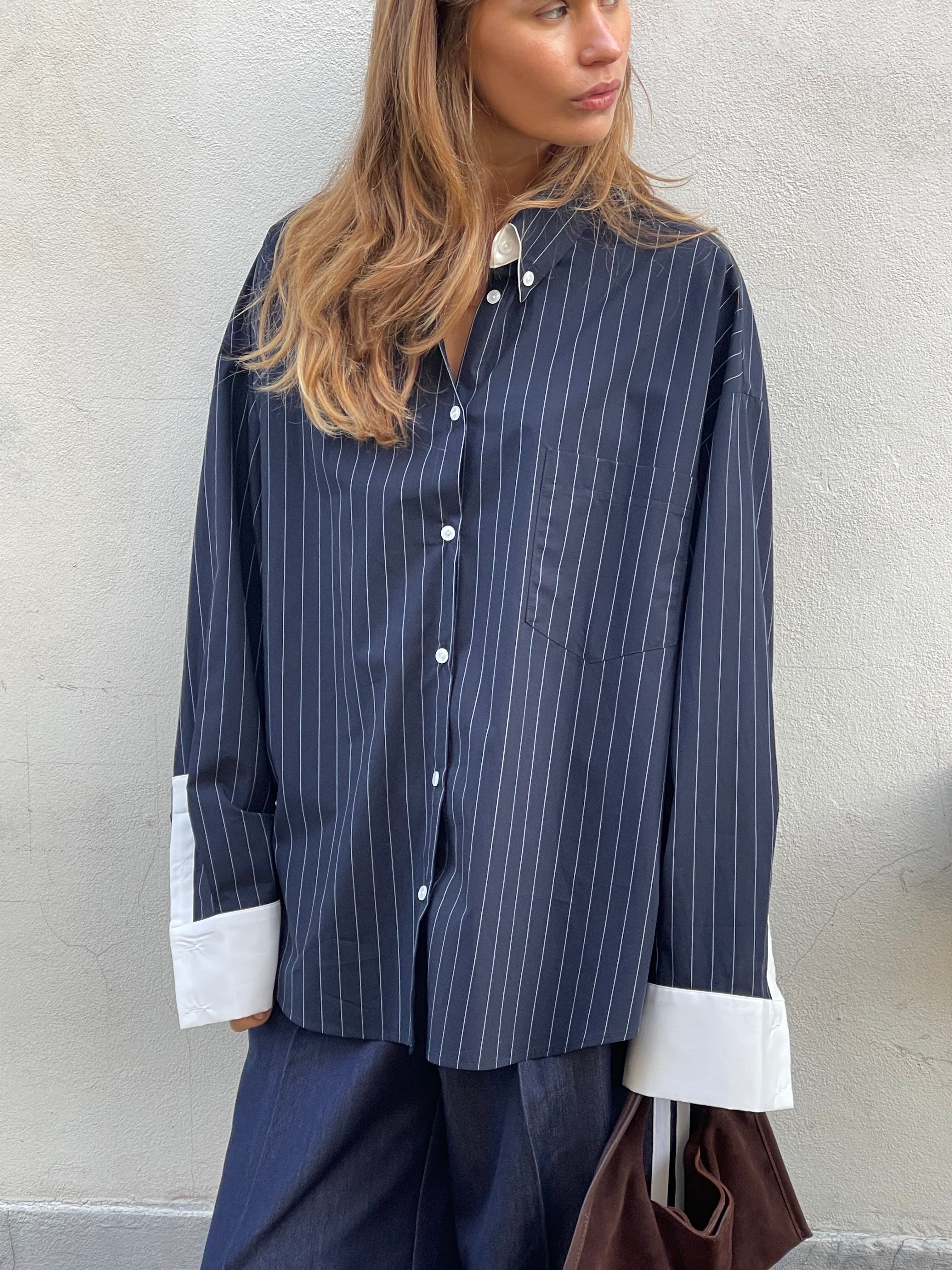 Contrast Lined Pinstriped Shirt Dark Blue