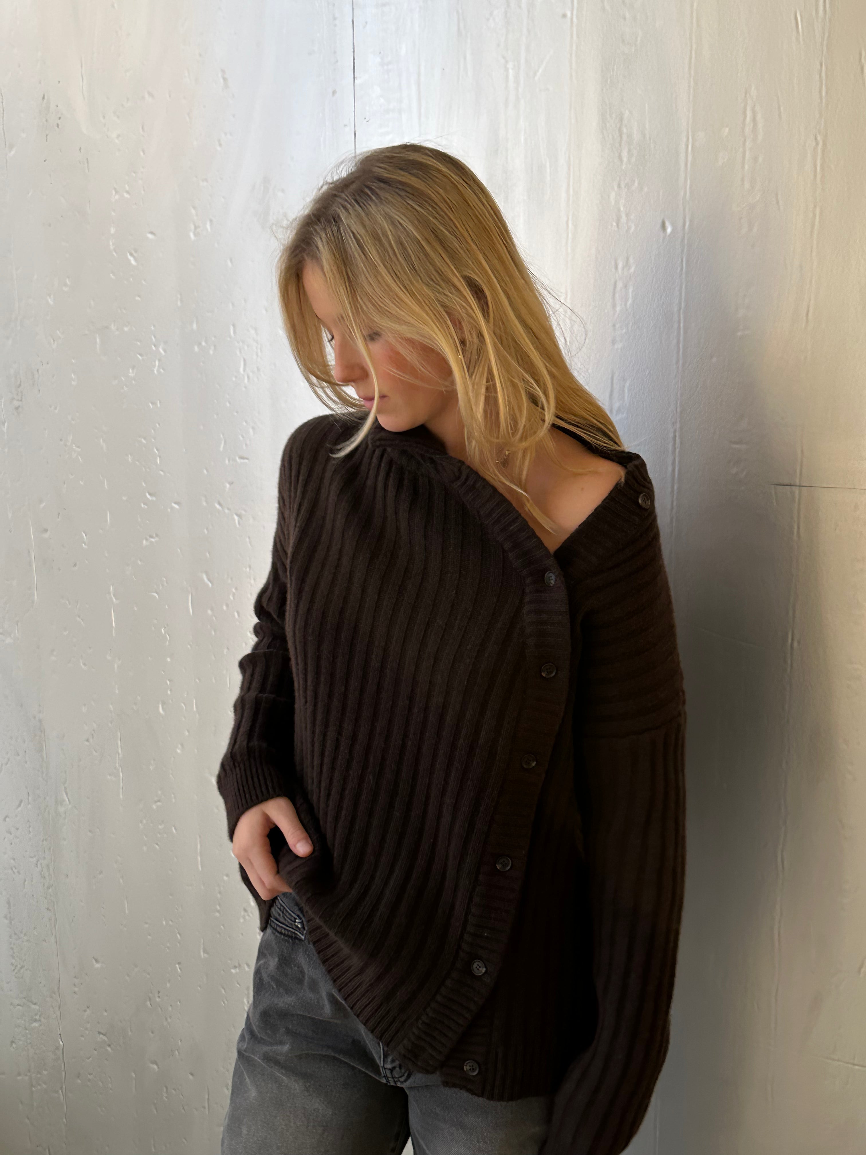 Buttoned Turtleneck Cashmere Blend Knit Brown