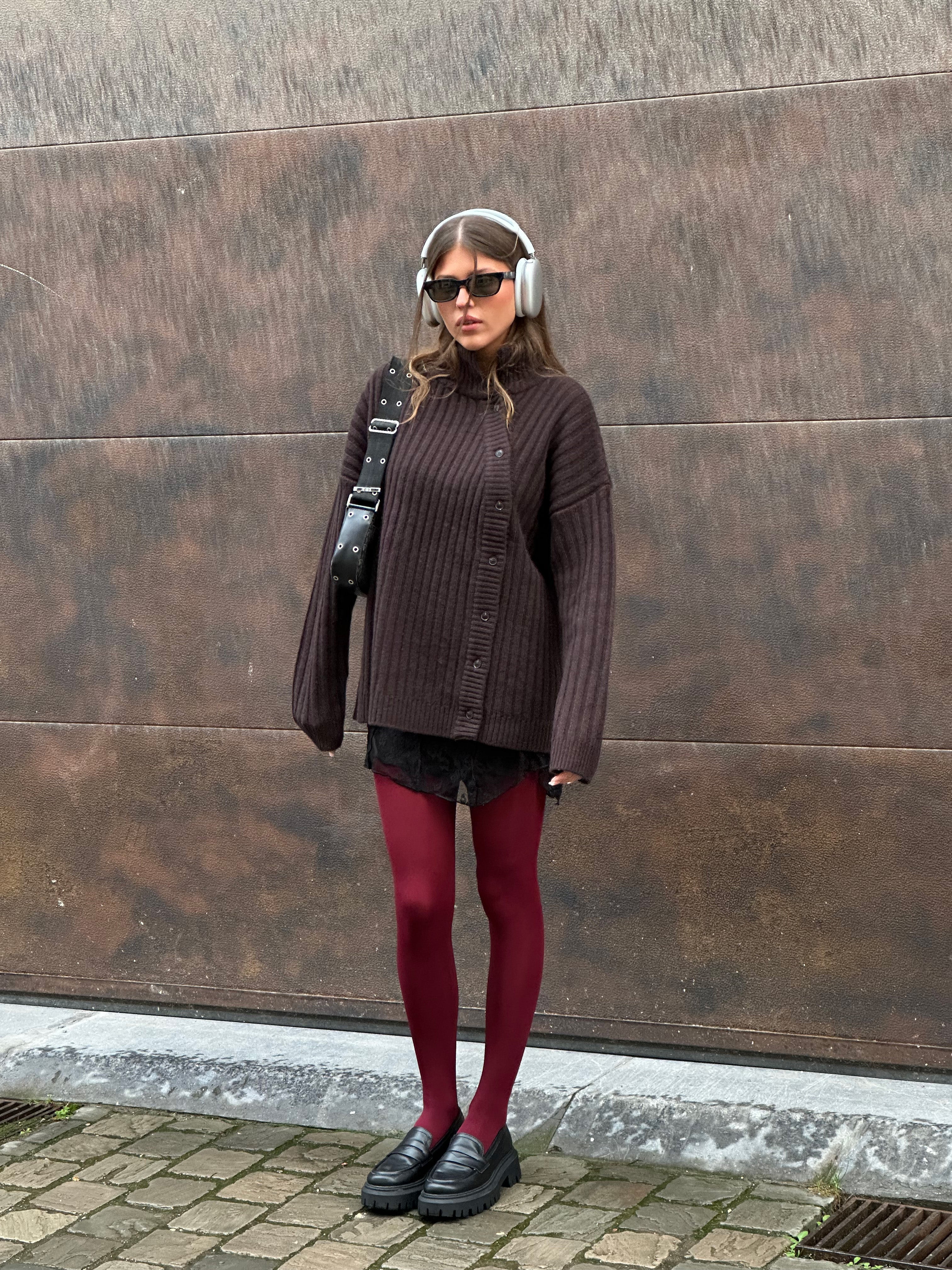 Buttoned Turtleneck Cashmere Blend Knit Brown