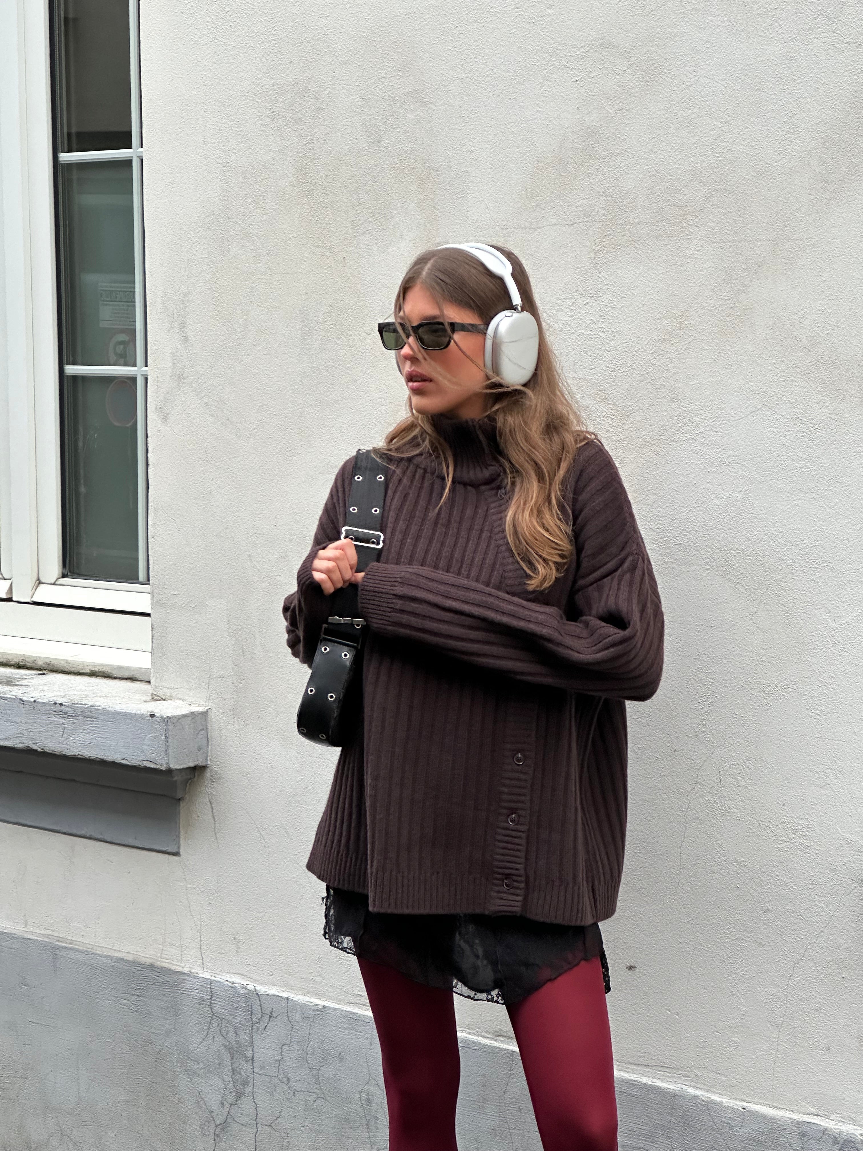 Buttoned Turtleneck Cashmere Blend Knit Brown