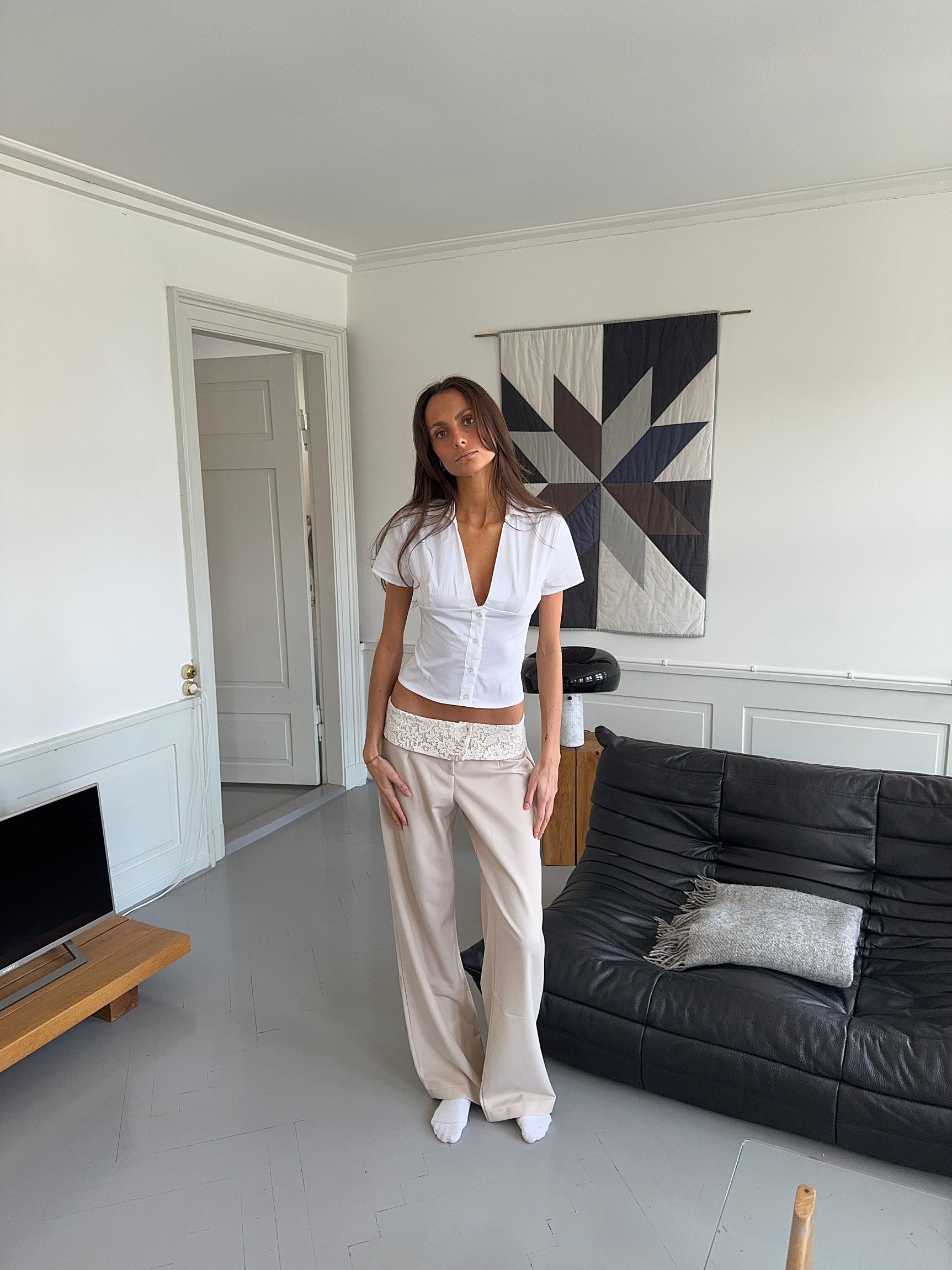 Calsia suit pants with lace trim - Beige