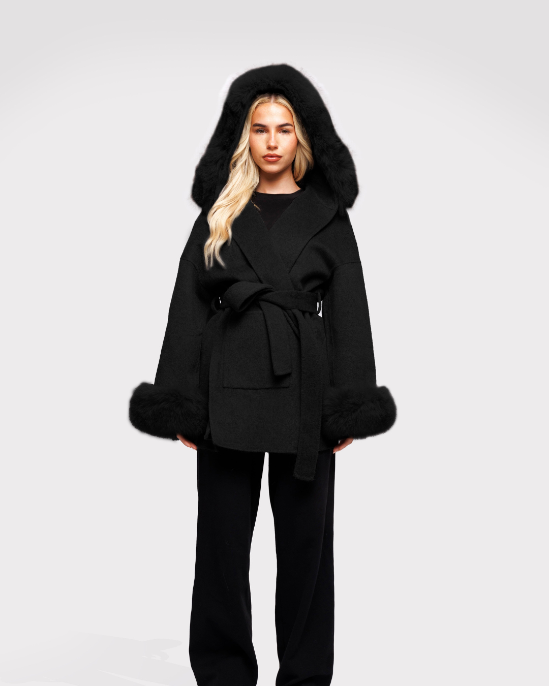 Velvet Hooded Coat - Black