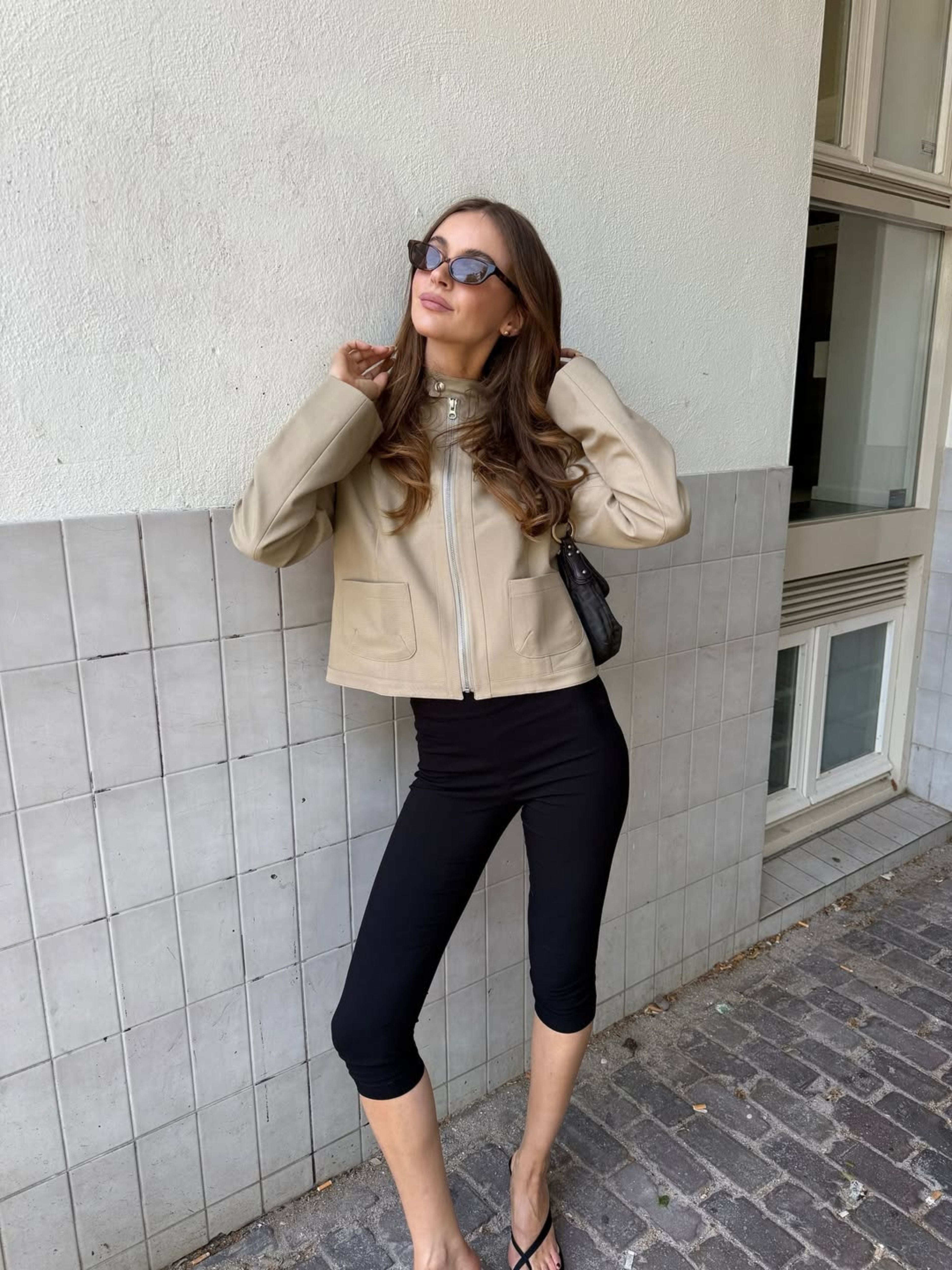 Padded High Neck Strap Detail Jacket Tan