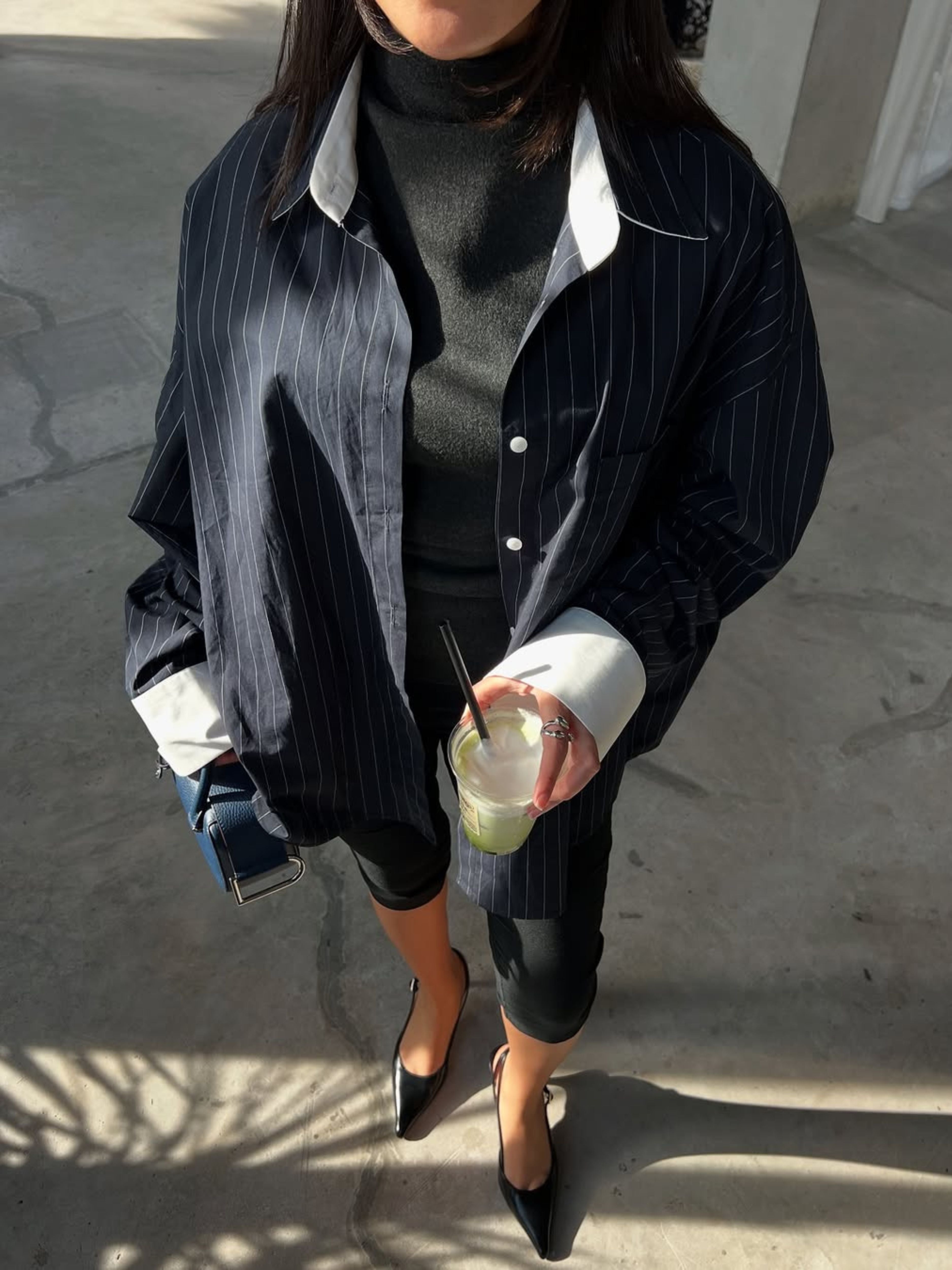 Contrast Lined Pinstriped Shirt Dark Blue