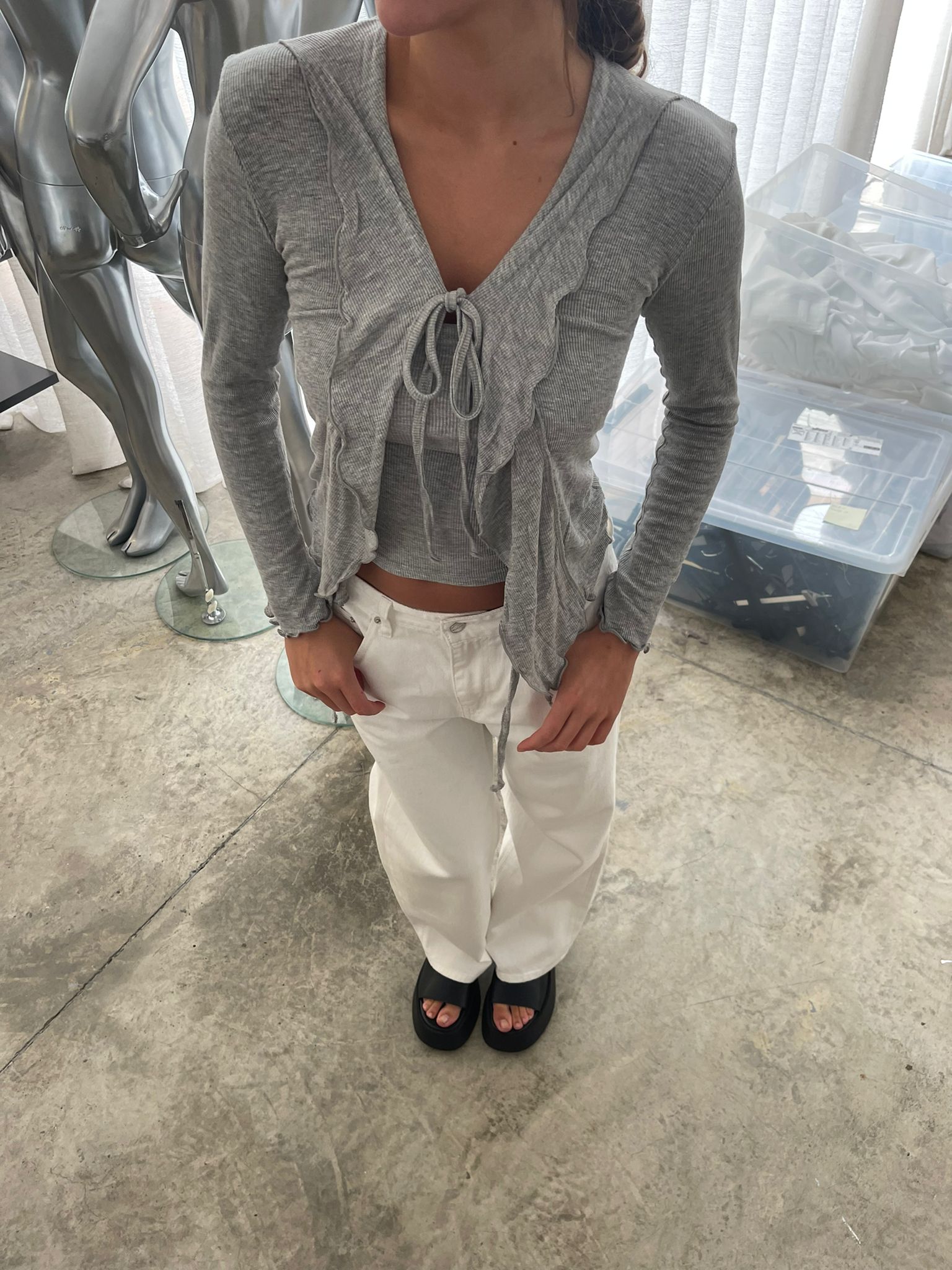 Layered Ruffled Ribbon Cardigan Top Grey