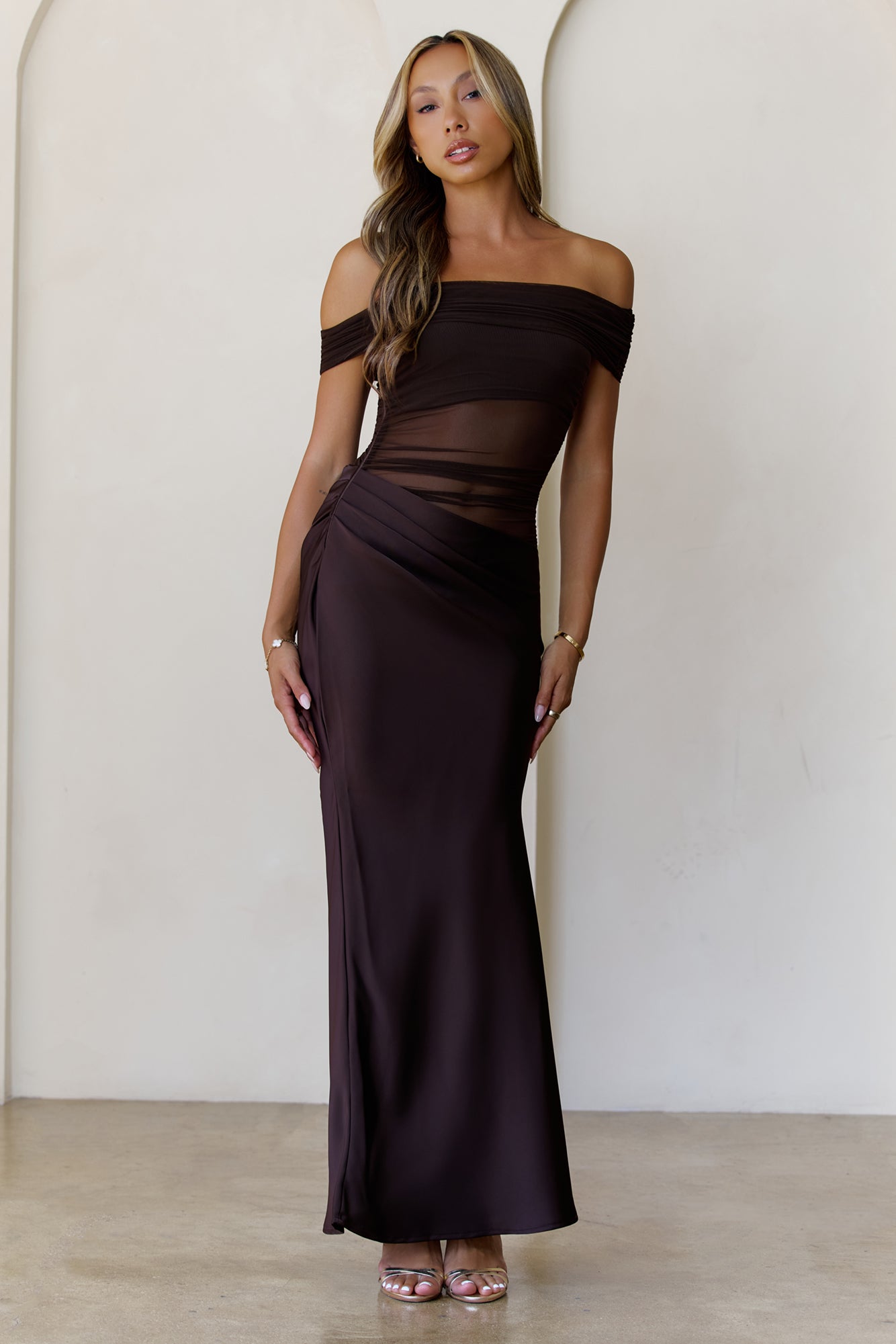 Veiled Whispers Off Shoulder Maxi Dress Brown