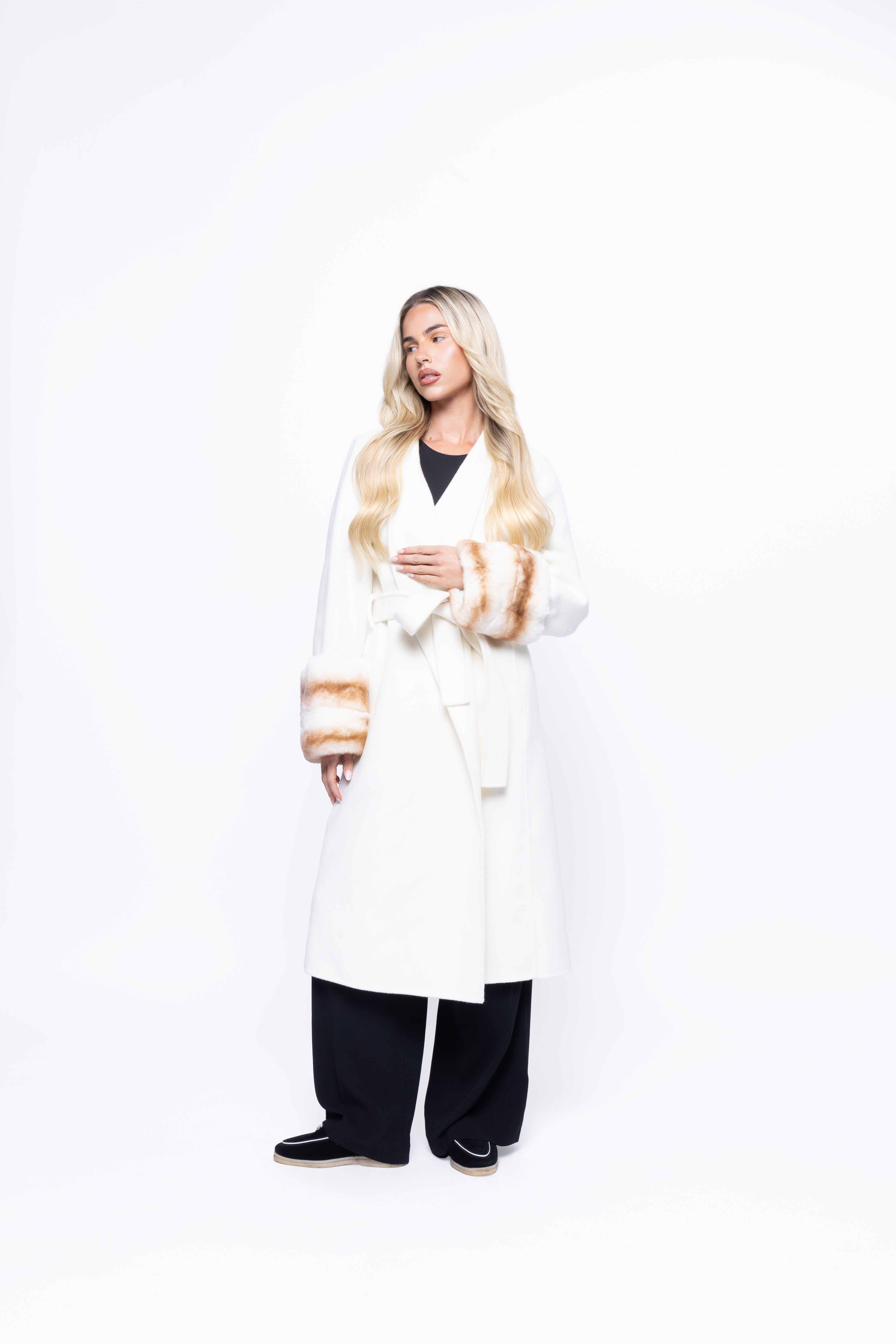 Aurelia Wool Coat with Fur Cuffs – White