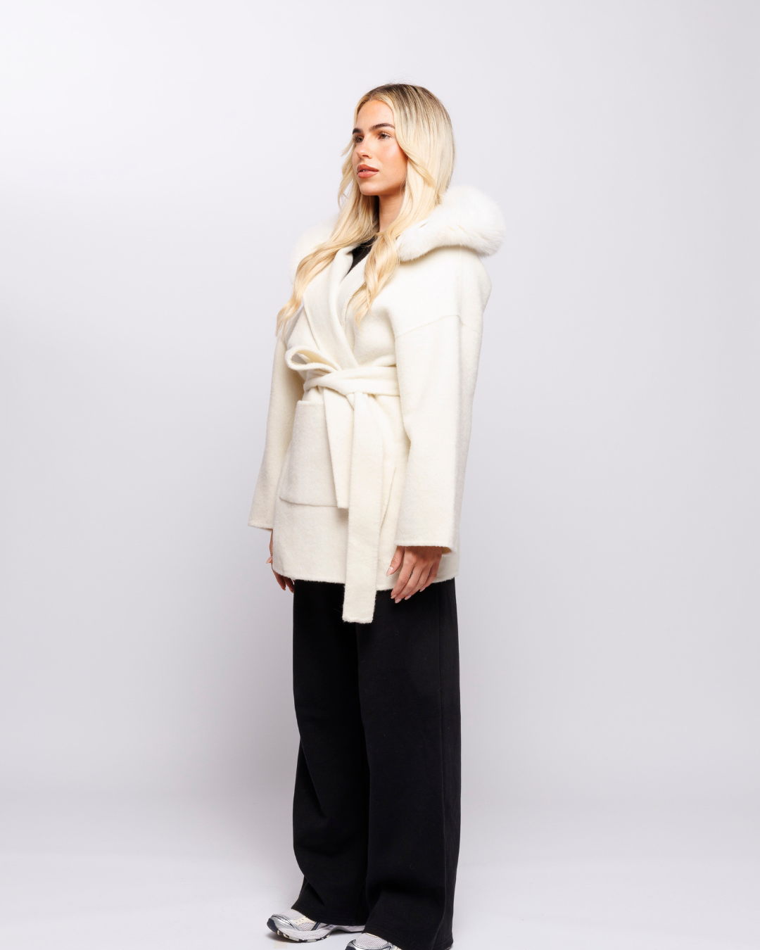 Velvet Hooded Coat - Off-White