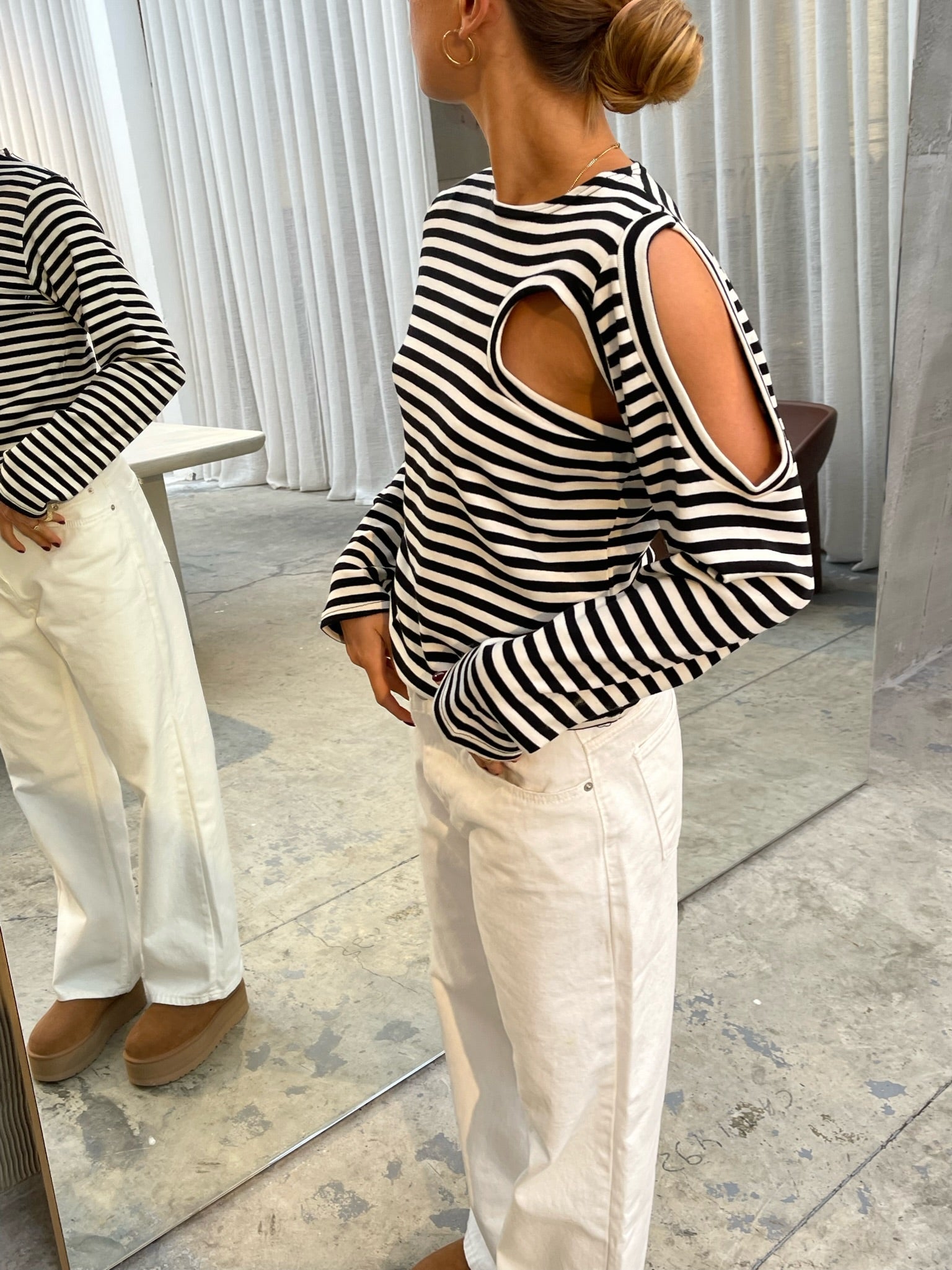 Cut Out Striped Long Sleeve Tee