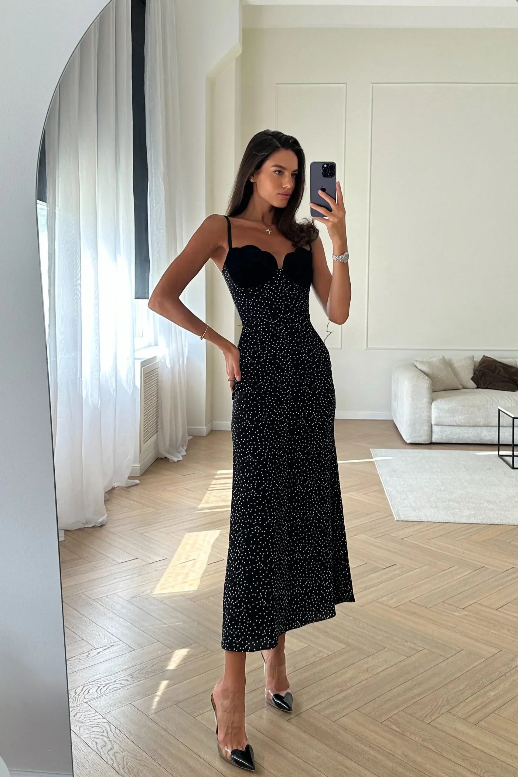 Velvet Dot Elegance Midi Dress