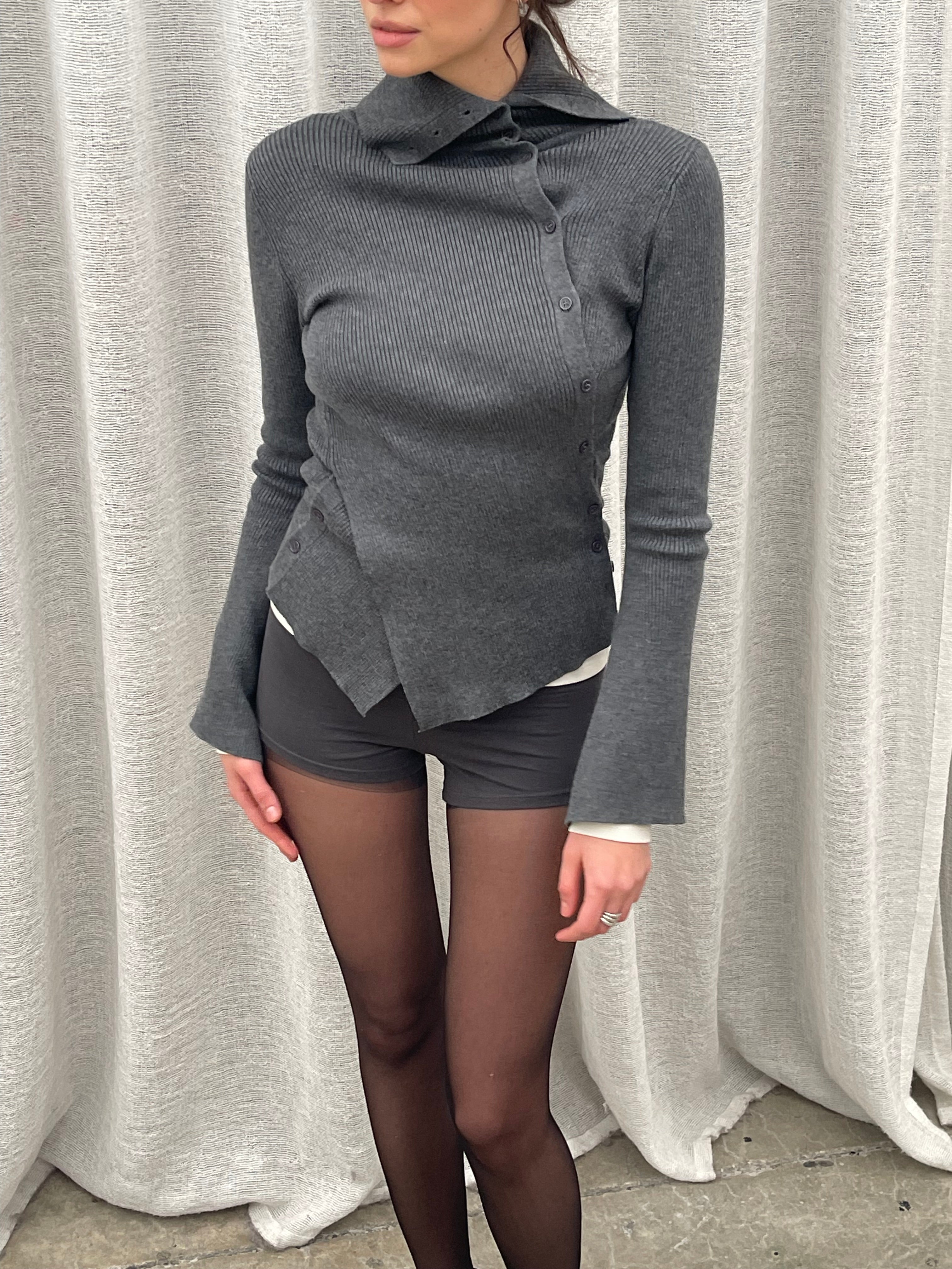 Buttoned Turtleneck Ribbed Top Charcoal