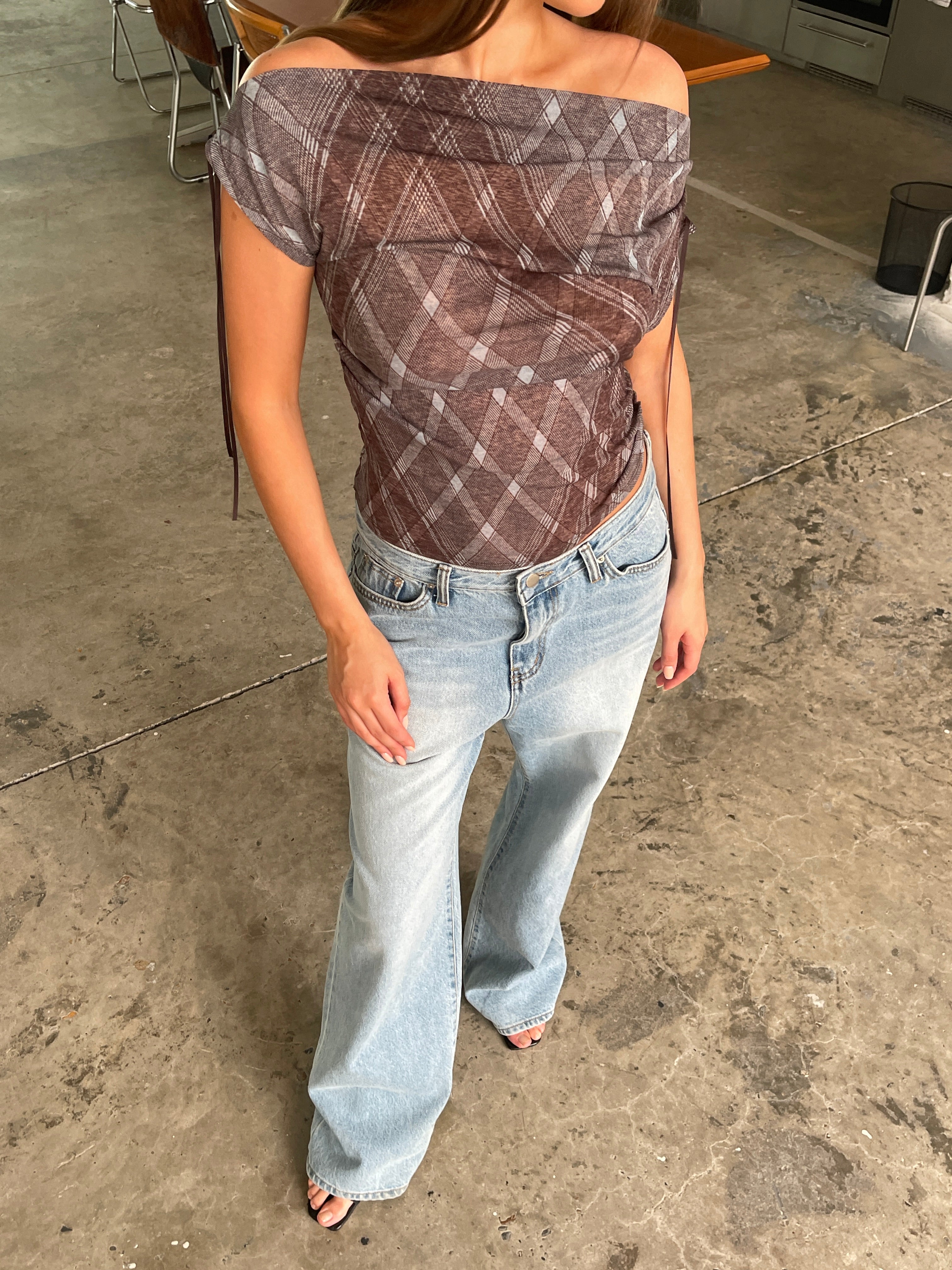 Draped Over Shoulder Checked Top Burgundy