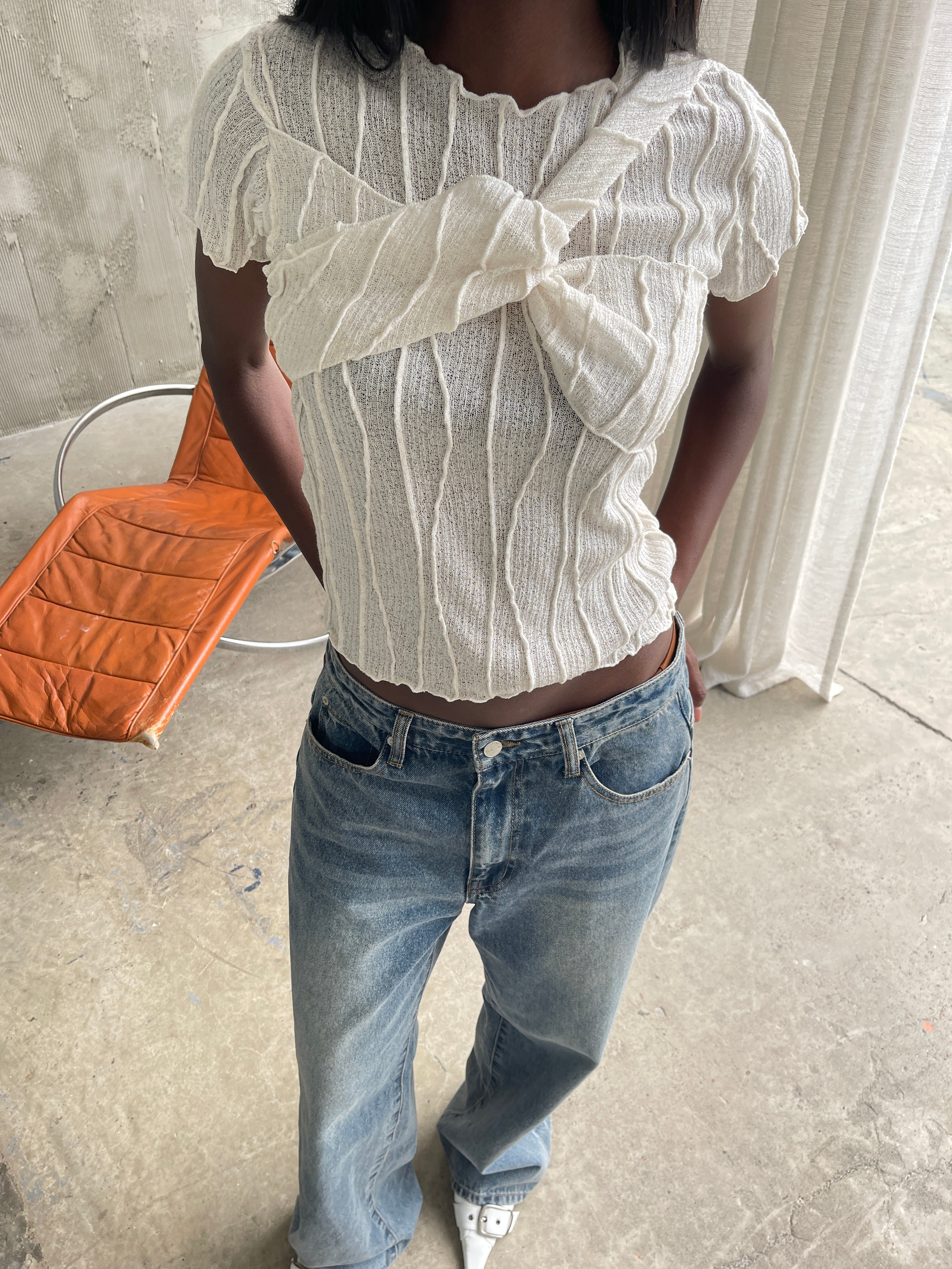 Front Twist Detail Structured Lines Top Ivory