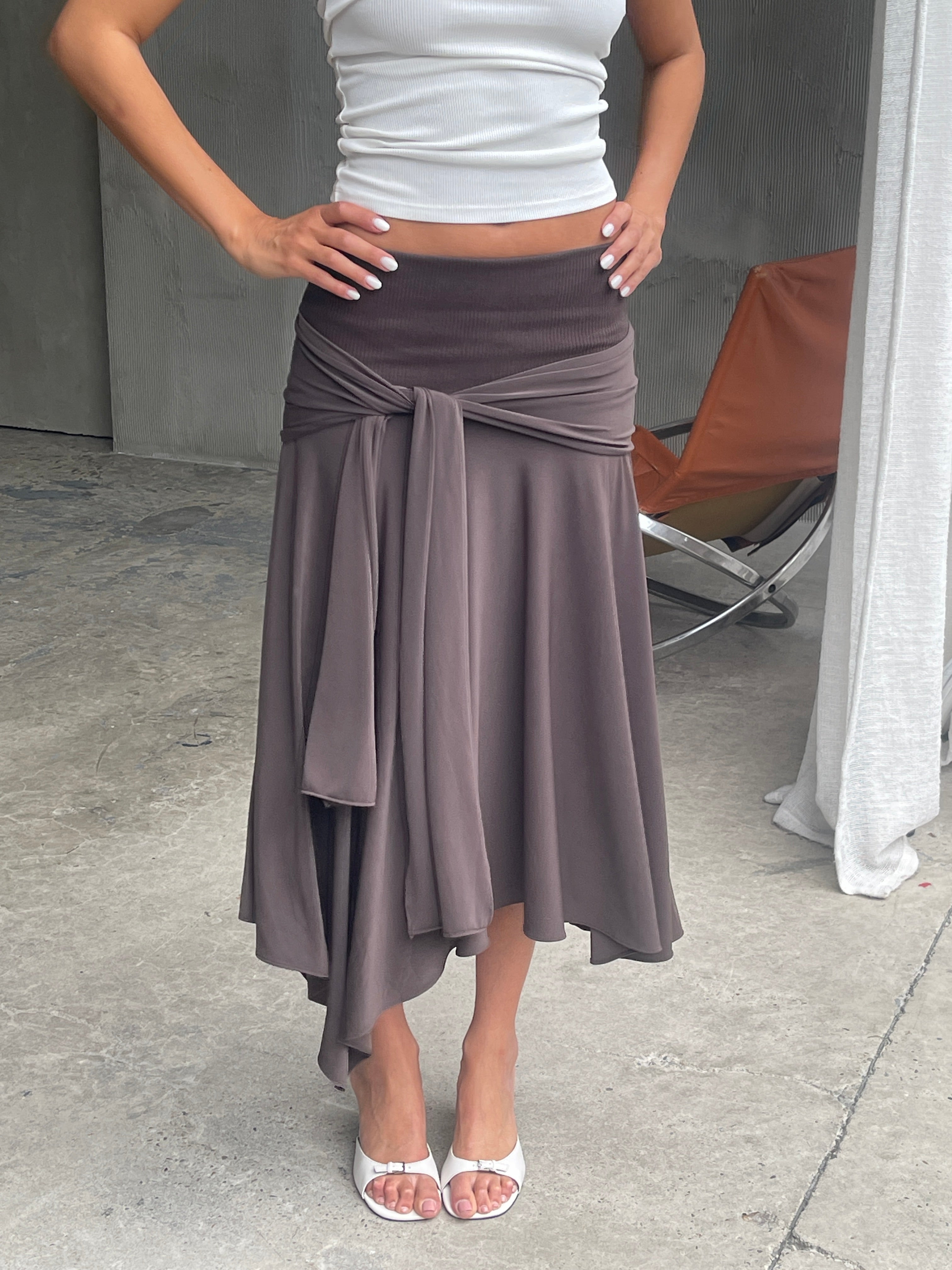 Belted Detail Flowy Midi Skirt Brown
