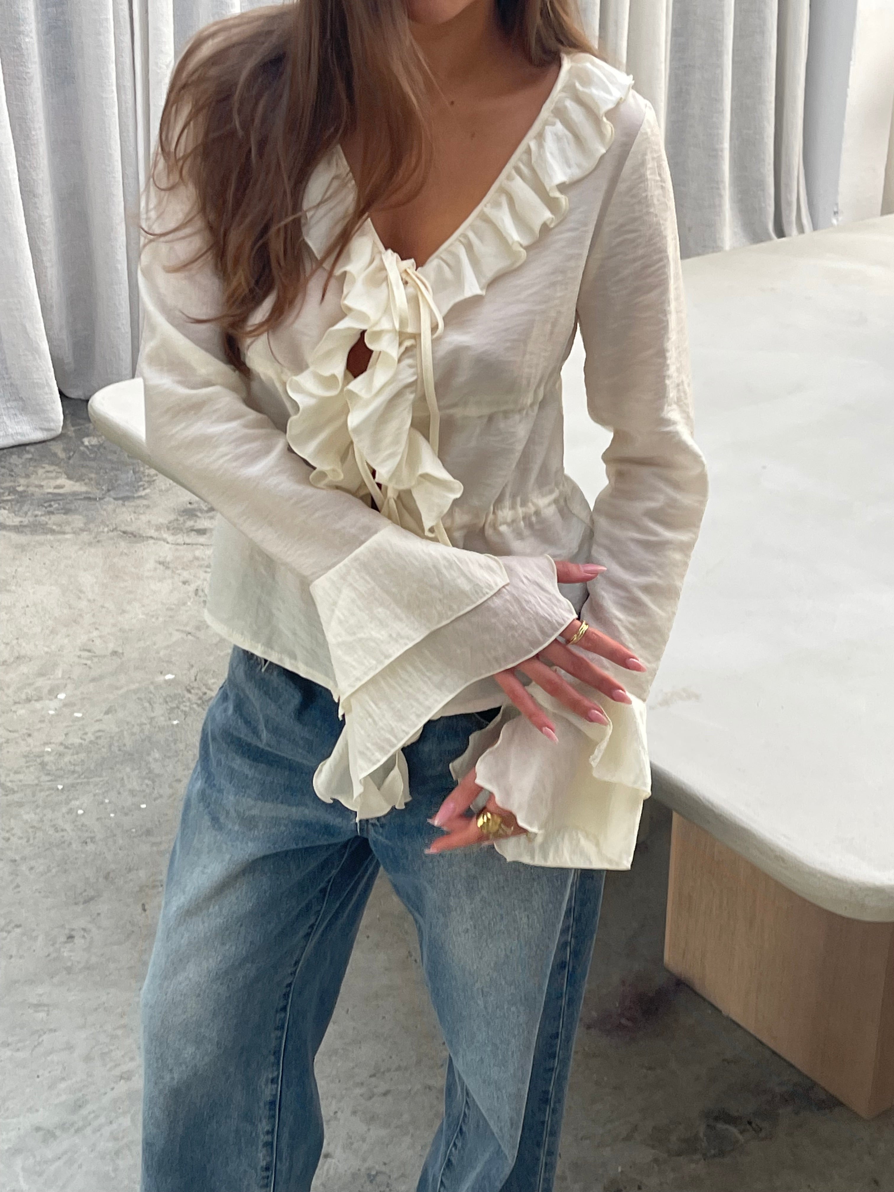 Front Tie Ruffled Blouse Cream
