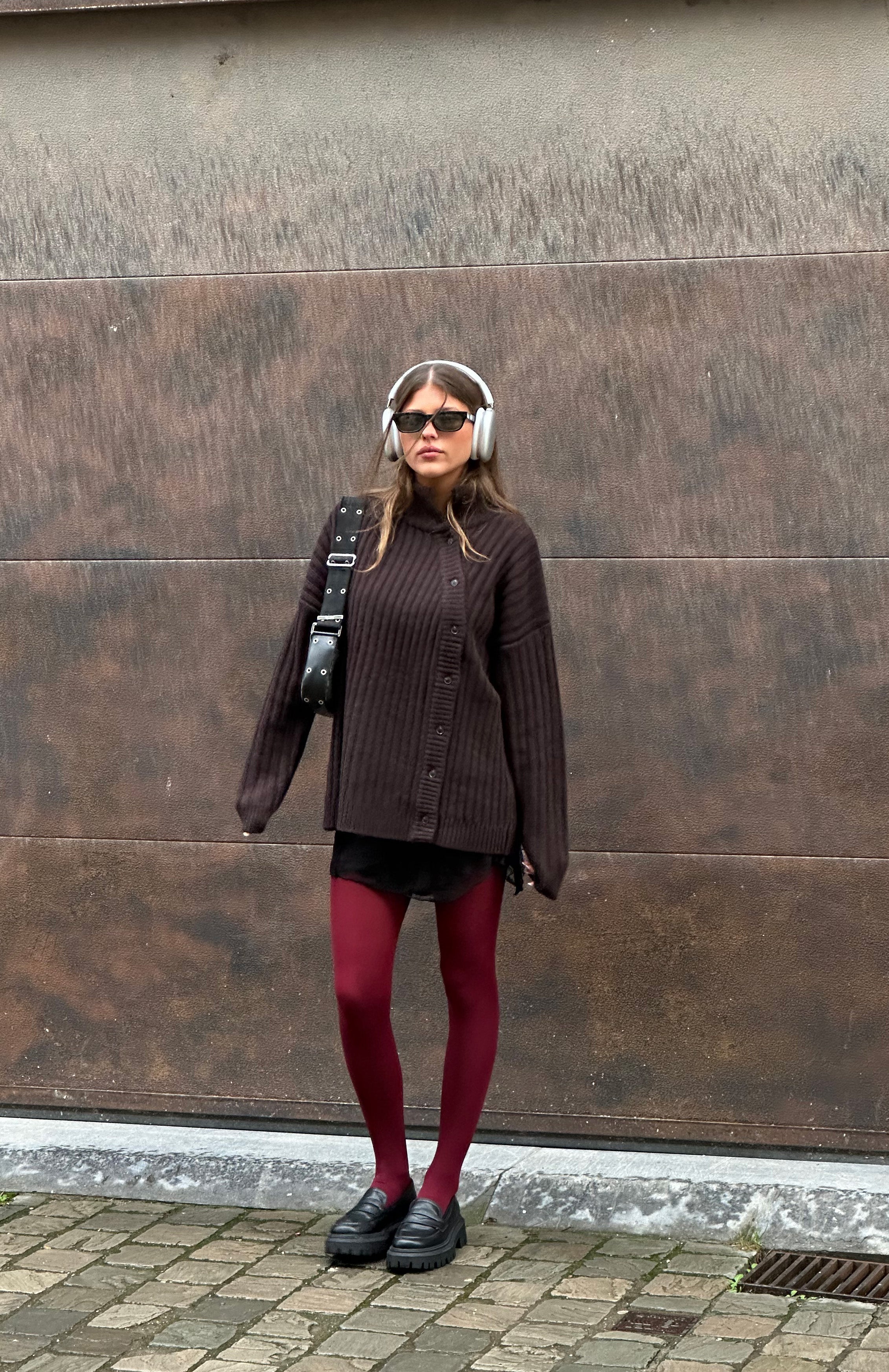 Buttoned Turtleneck Cashmere Blend Knit Brown