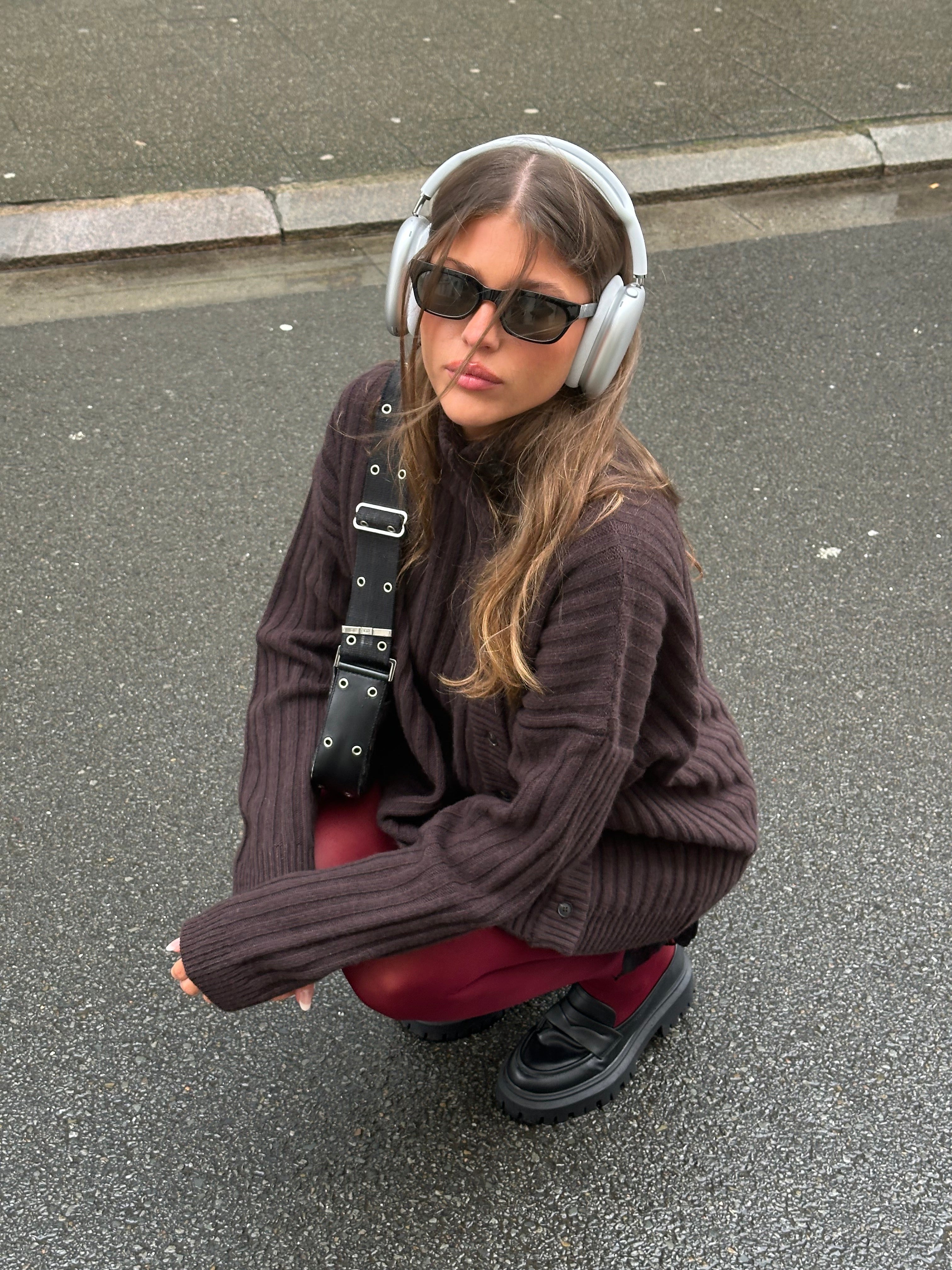 Buttoned Turtleneck Cashmere Blend Knit Brown