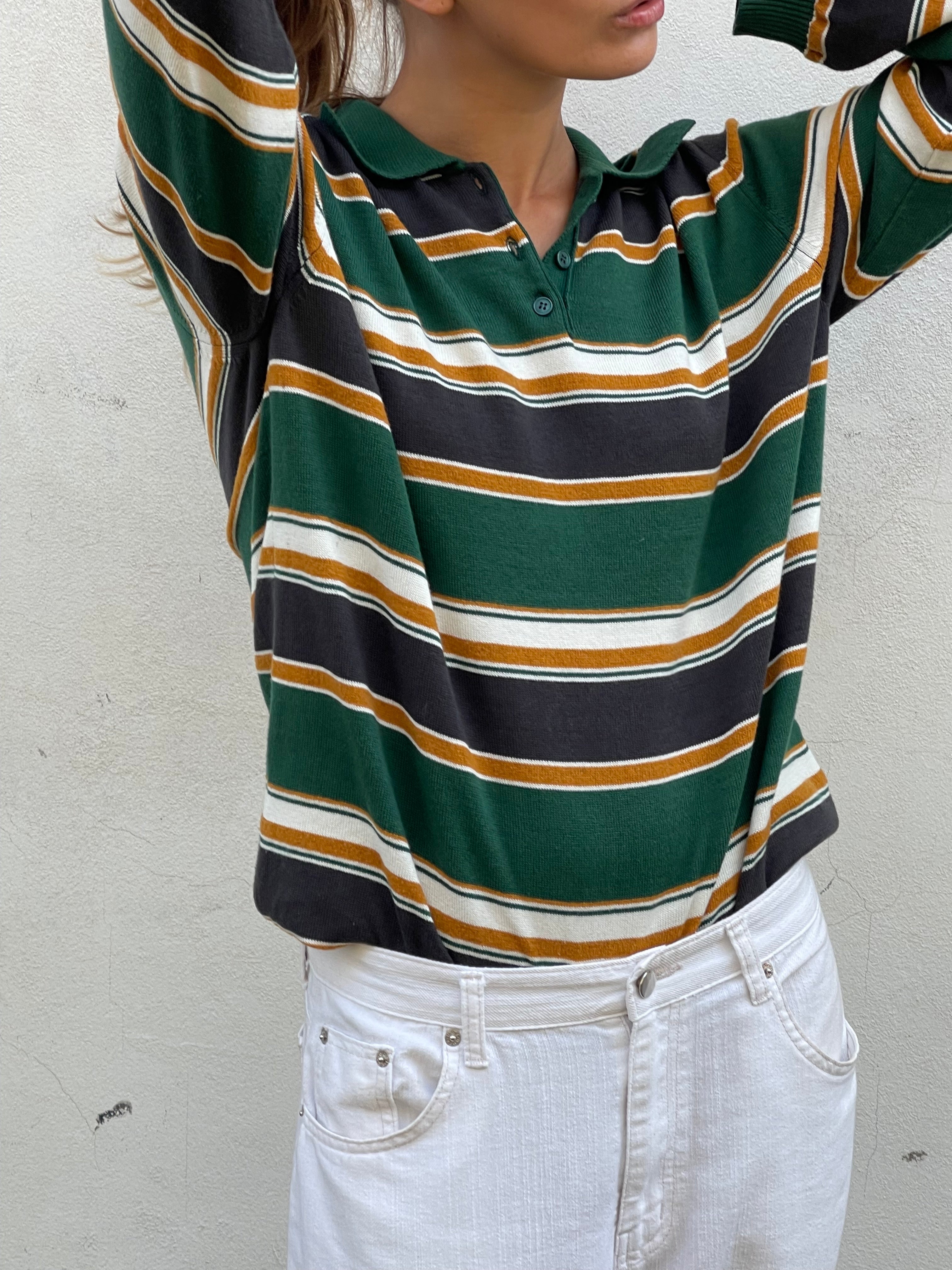 Knitted Striped Polo Longsleeve Green