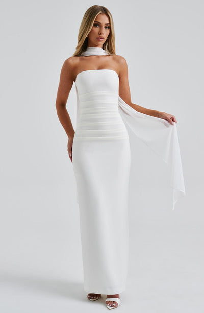 Shiloh | Strapless Satin Dress with Mesh Scarf
